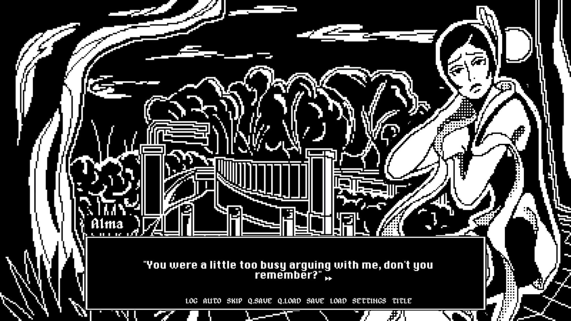 Night Shift: Altma dialogue scene with character portrait by a city window and visual novel UI menu.