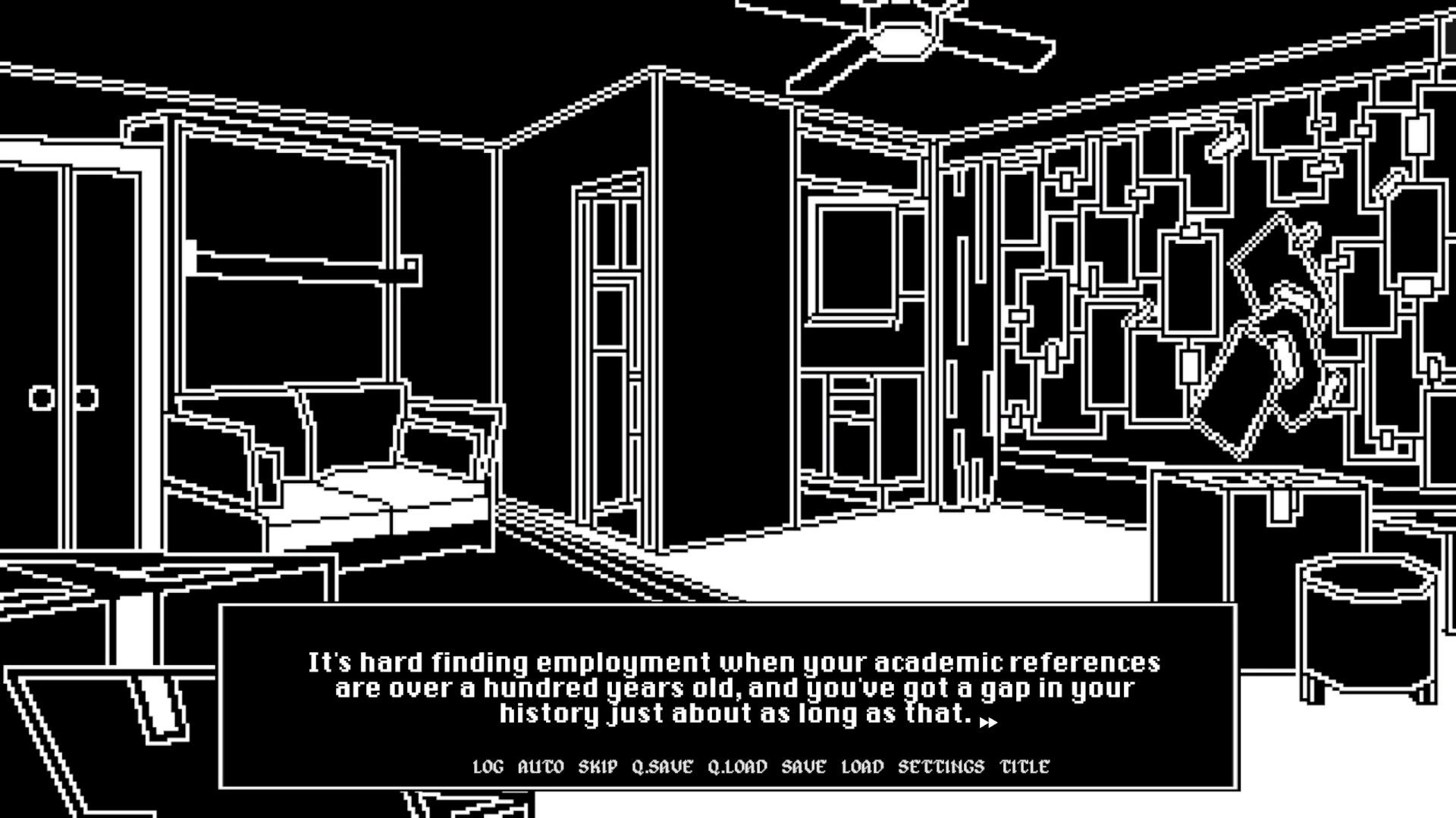 Night Shift: Narrative text box over monochrome apartment room scene with couch, fan, and framed wall art.