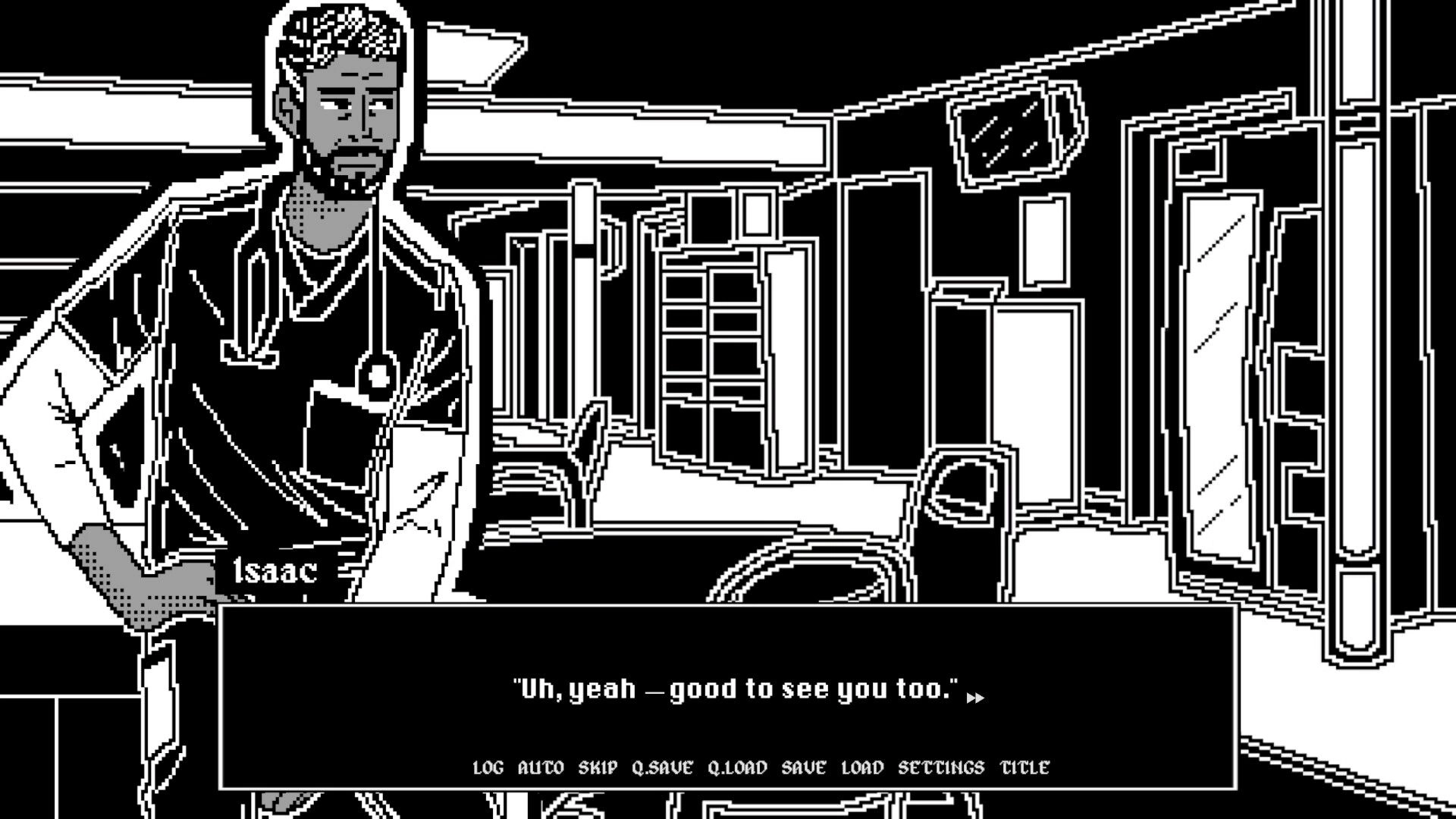 Night Shift: Isaac speaks in a dialogue box in a monochrome hospital hallway with menu buttons below.