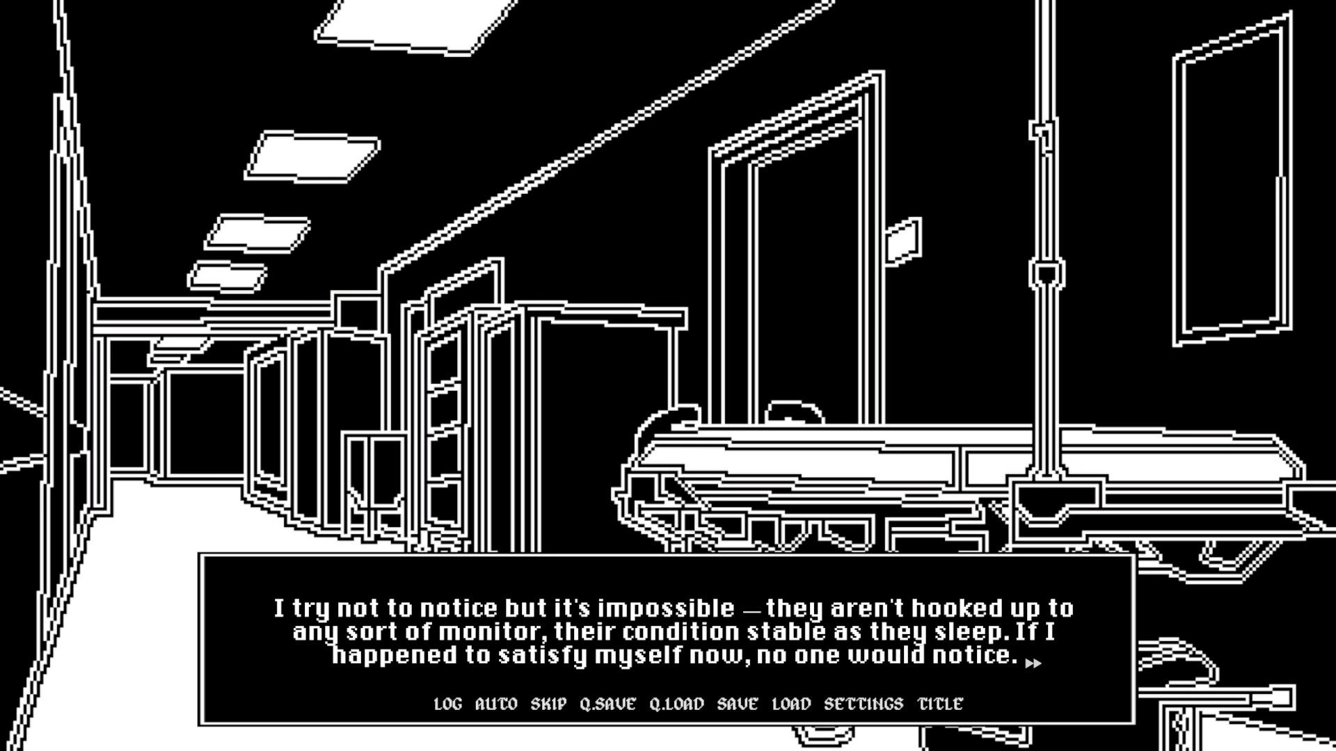 Night Shift: Dialogue box over pixel hospital ward with beds, curtains, and menu buttons below.