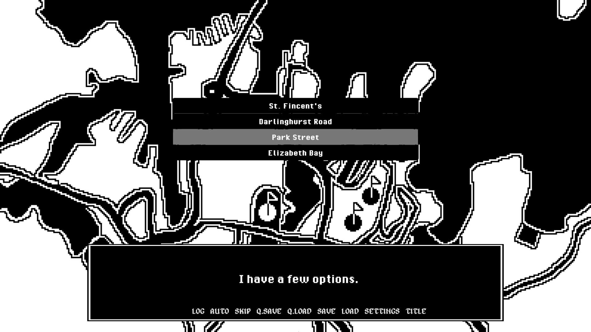 Night Shift: Location selection menu over monochrome map, Park Street highlighted above dialogue box.