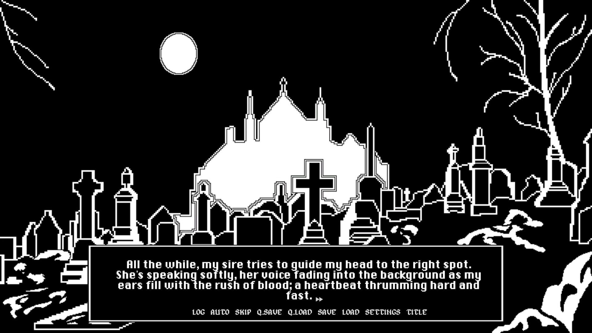 Night Shift: Visual novel dialogue box over moonlit cemetery silhouettes with gravestones and bare trees.