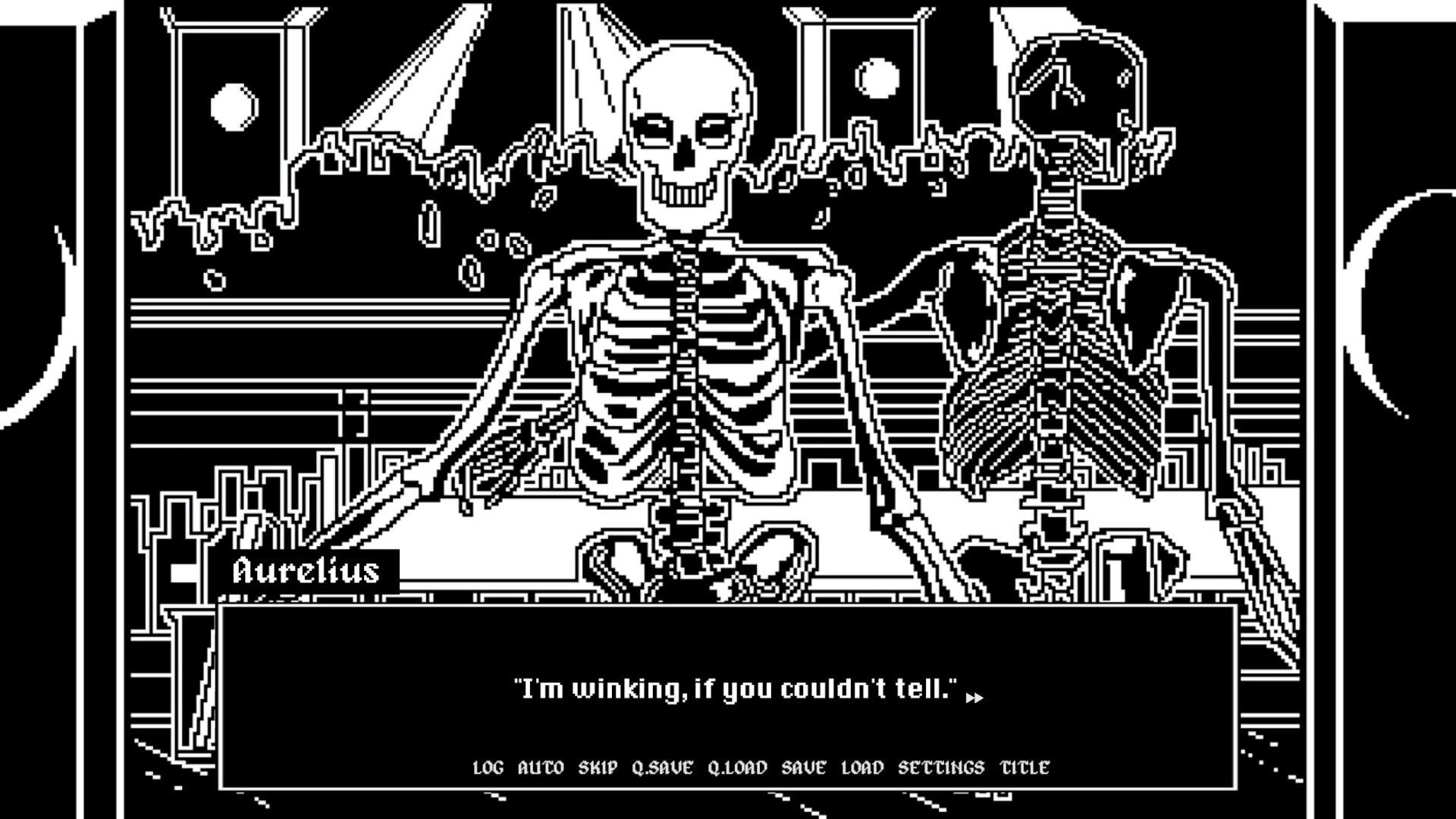 Night Shift: Aurelius dialogue box over two skeletons seated in a dark bar booth at night.