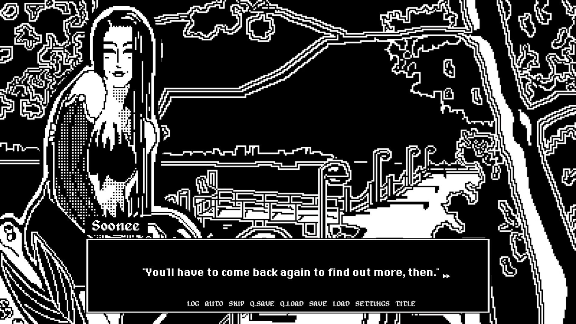 Night Shift: Soonhee speaks in dialogue box beside a park bench scene with visual novel menu bar.