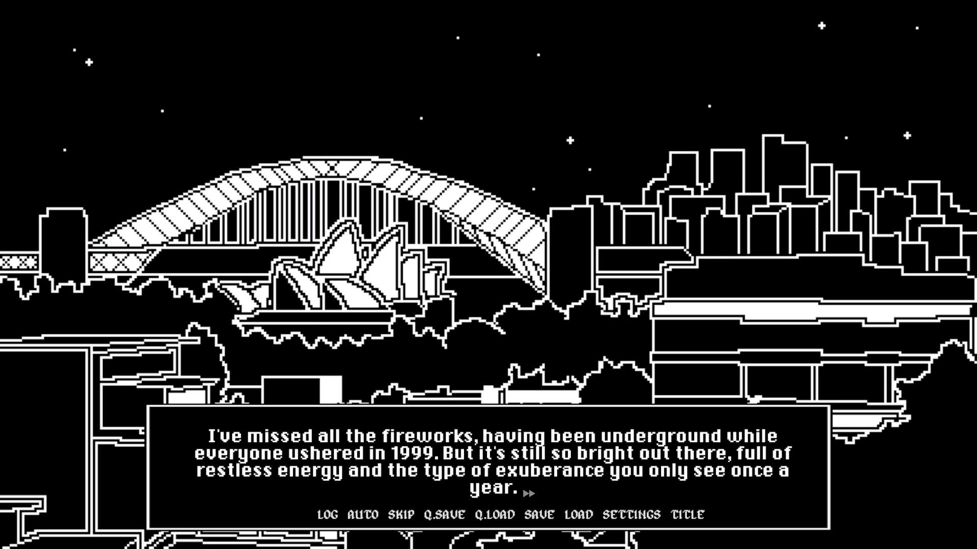 Night Shift: Visual novel dialogue box over pixel Sydney skyline with Harbour Bridge and Opera House at night.