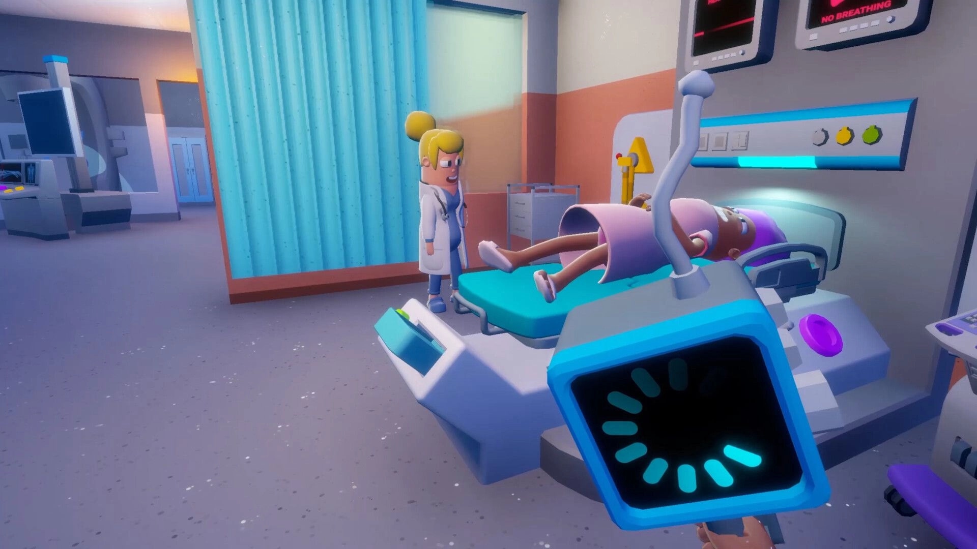 Night Shift Hospital: Doctor stands by patient in scanner bed with loading icon in treatment room.