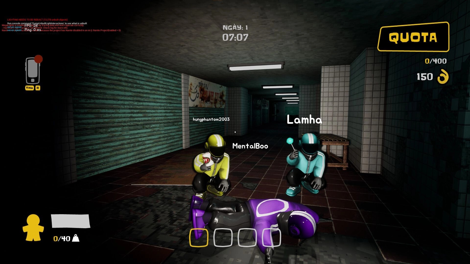 Night Shippers: Players MentalBoo and Lamha revive teammate in dimly lit corridor with quota display.