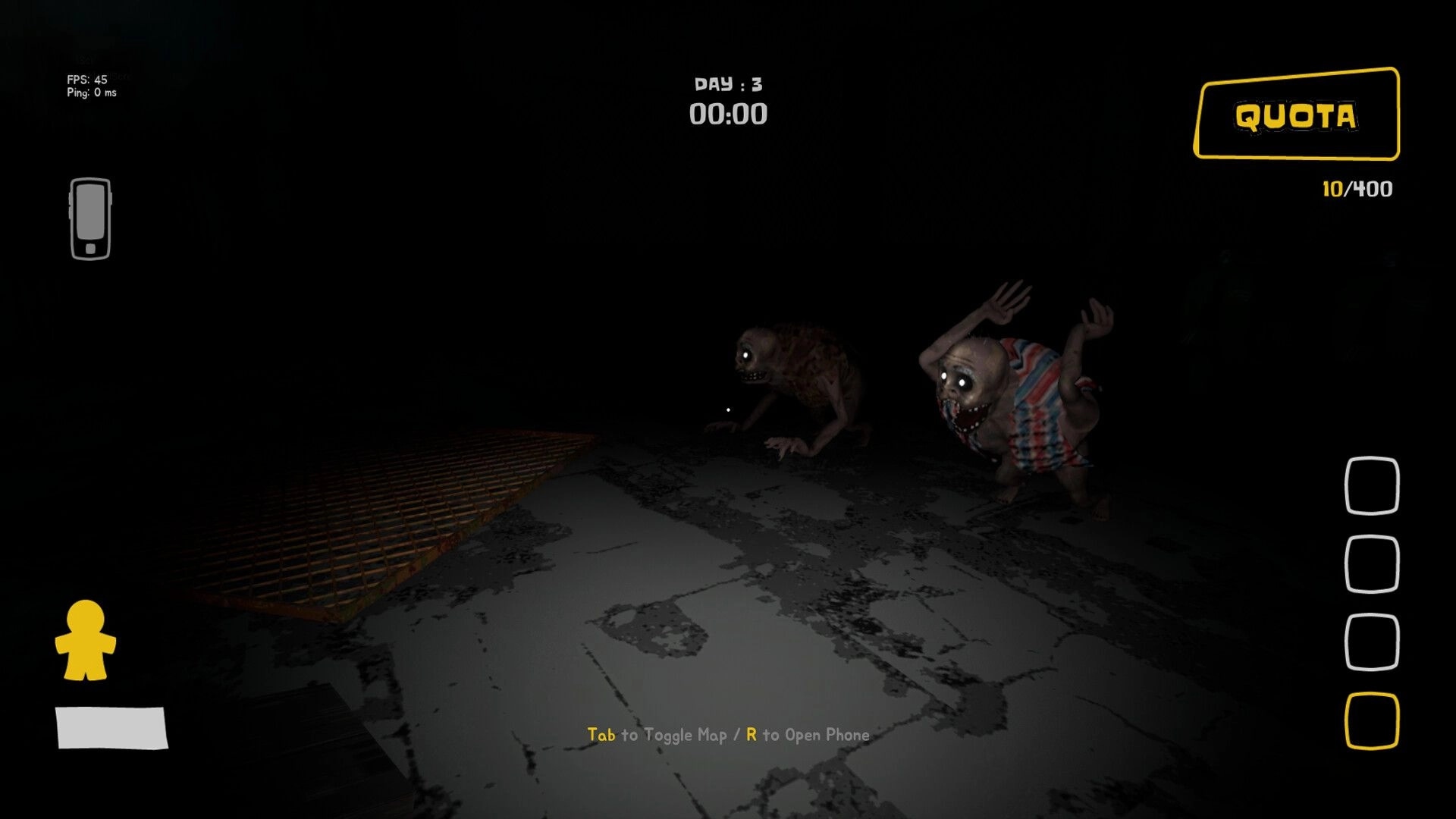 Night Shippers: Two monsters on cracked pavement in dark setting, with quota and day timer UI elements.
