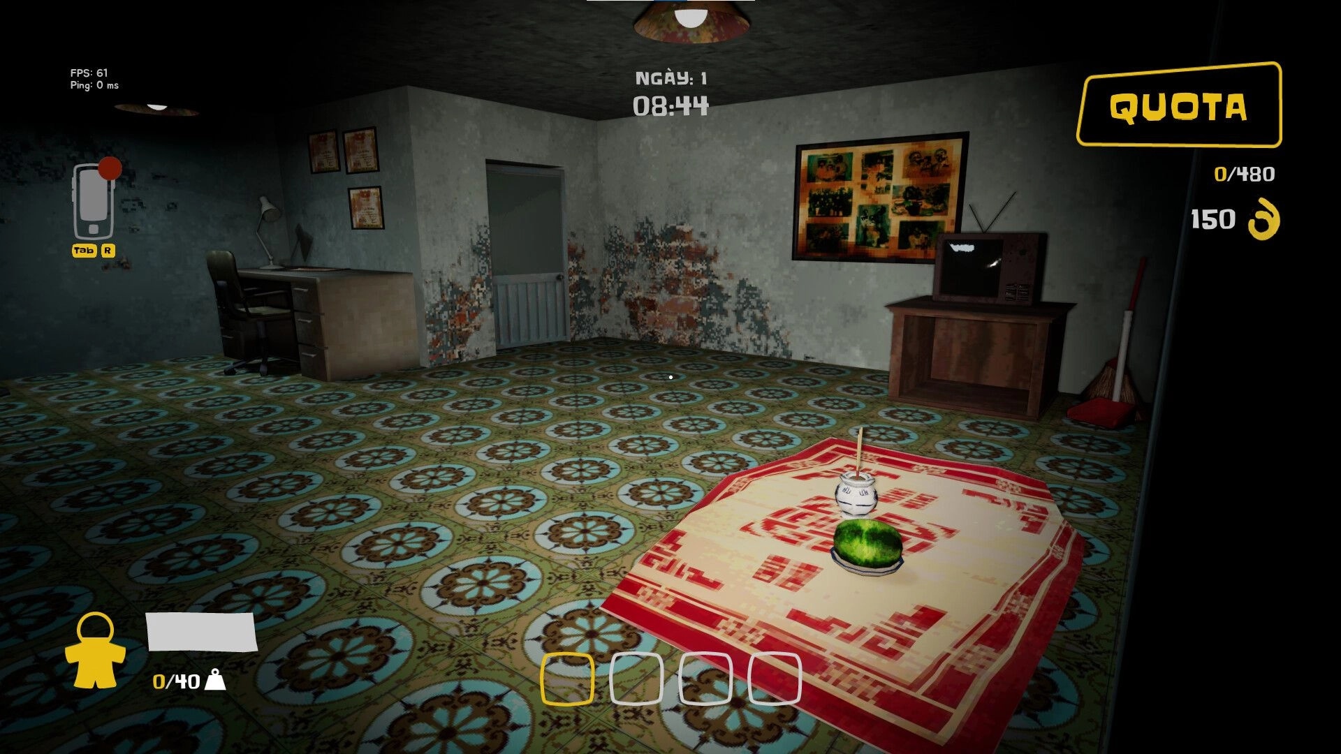 Night Shippers: Empty room with patterned floor, desk, and TV; quota counter on screen.