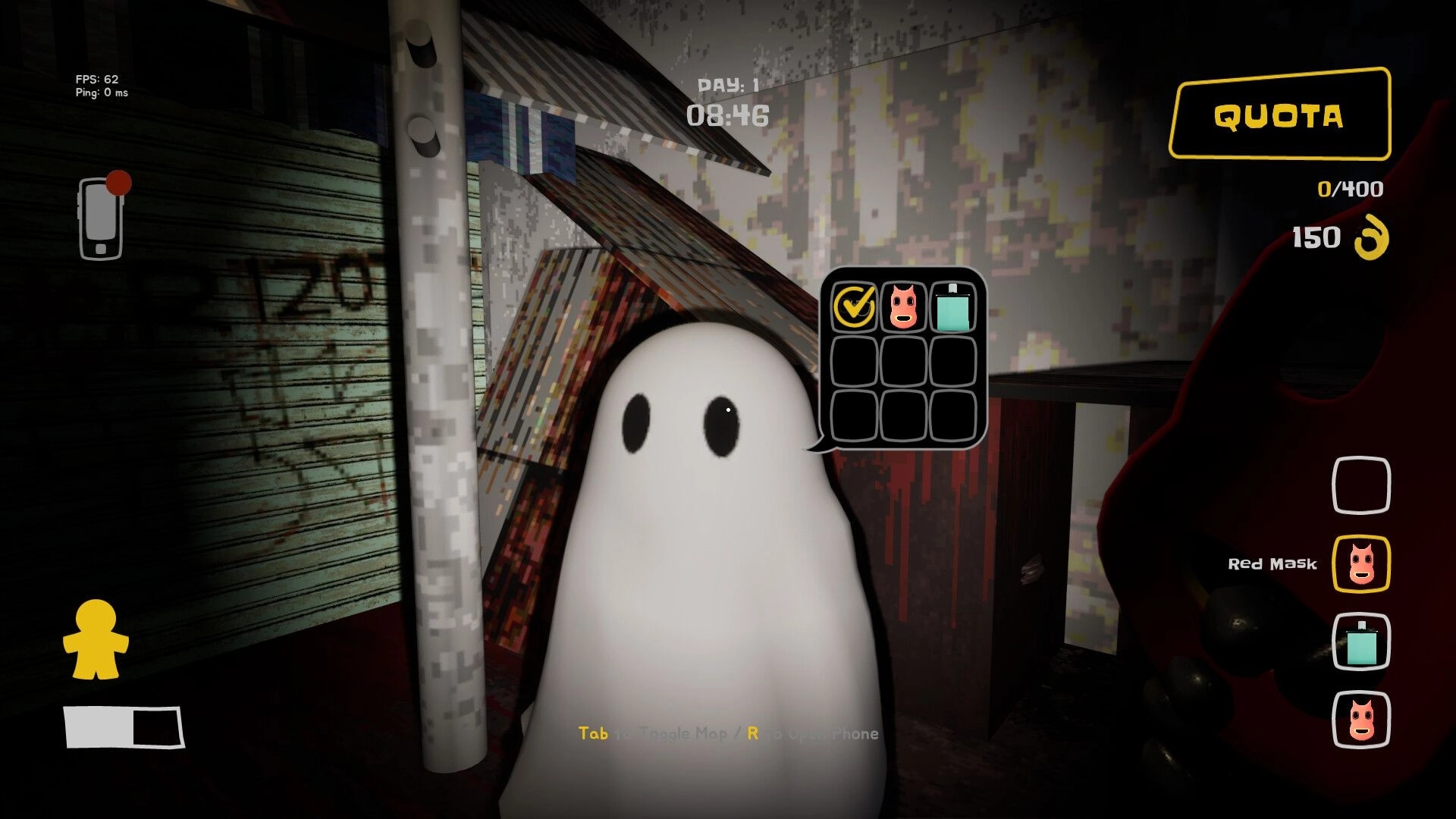 Night Shippers: Ghost character with inventory menu in a dimly lit, graffiti-covered alleyway.