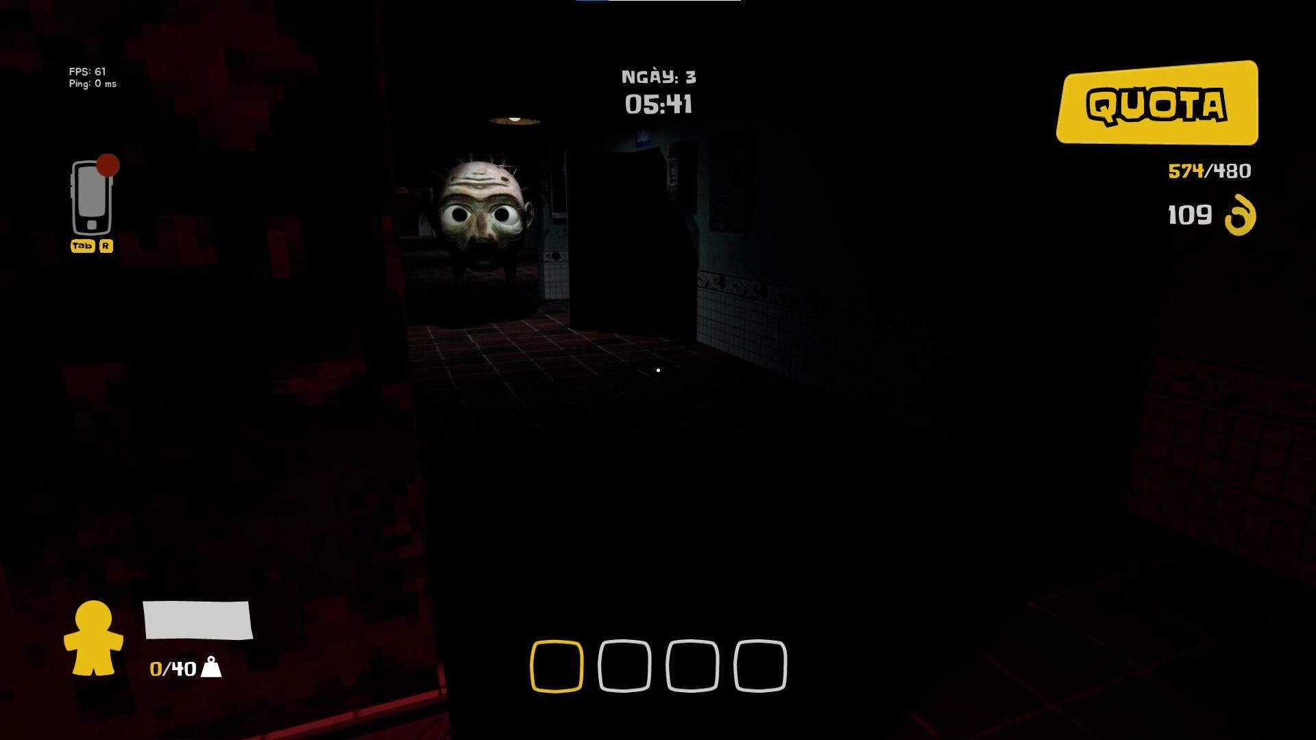 Night Shippers: Dark hallway with a ghostly mask figure approaching, quota meter at 574/480 displayed