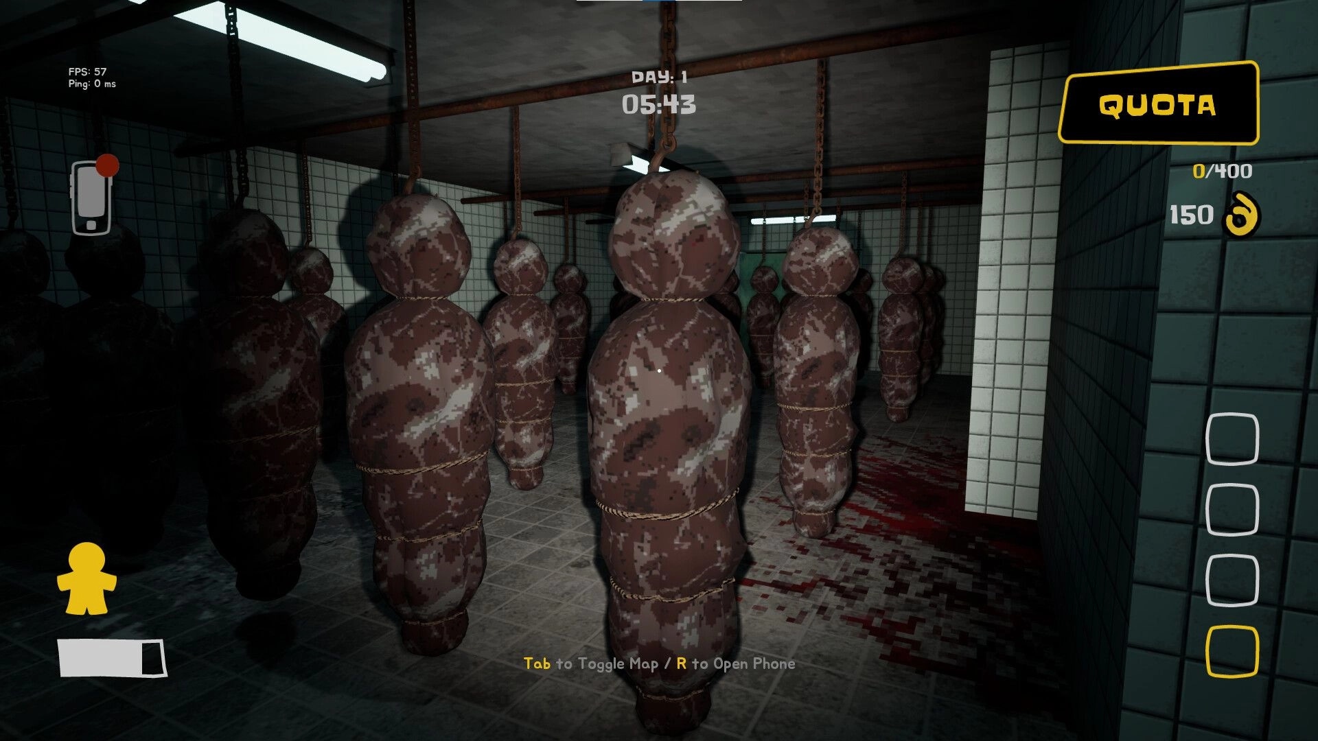Night Shippers: Suspended meat bags in a dimly lit room, blood-stained floor, and quota UI visible.