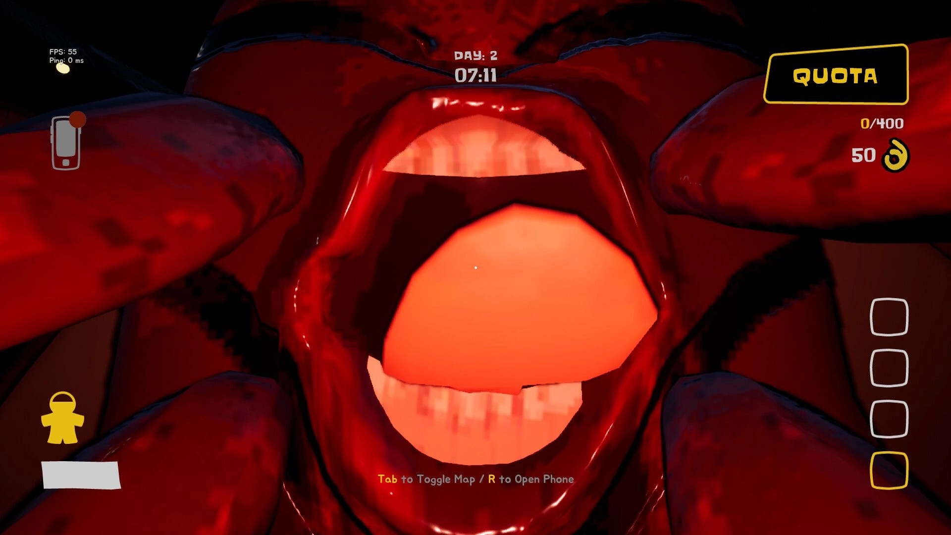 Night Shippers: Close-up of a terrifying red monster's mouth with UI elements showing quota and time.