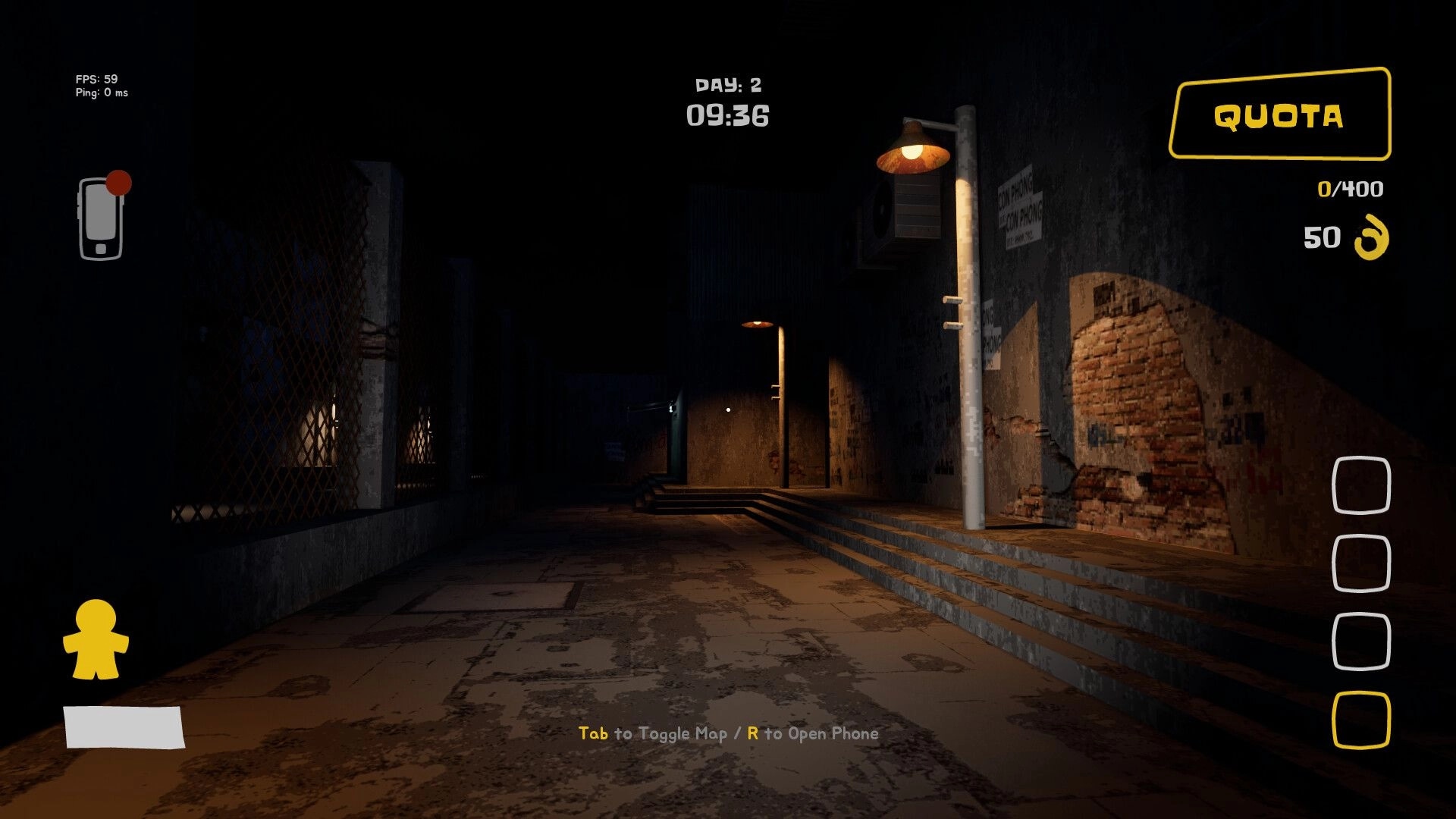 Night Shippers: Dark alley with streetlights, UI shows "Day 2", time, quota, and tab map instructions.