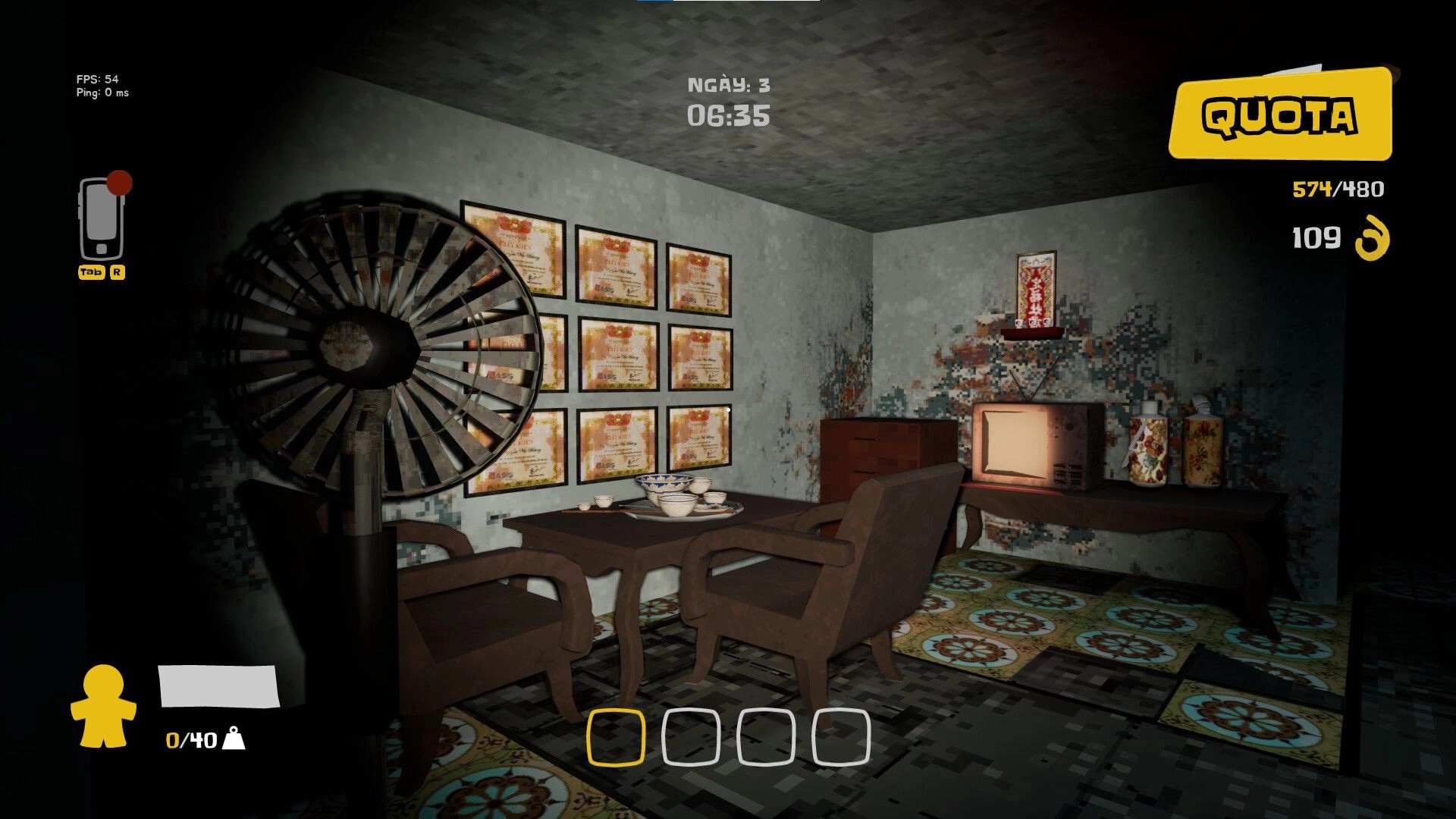 Night Shippers: Dining room with vintage TV, fan, and wall decor, interface shows quota and game stats.