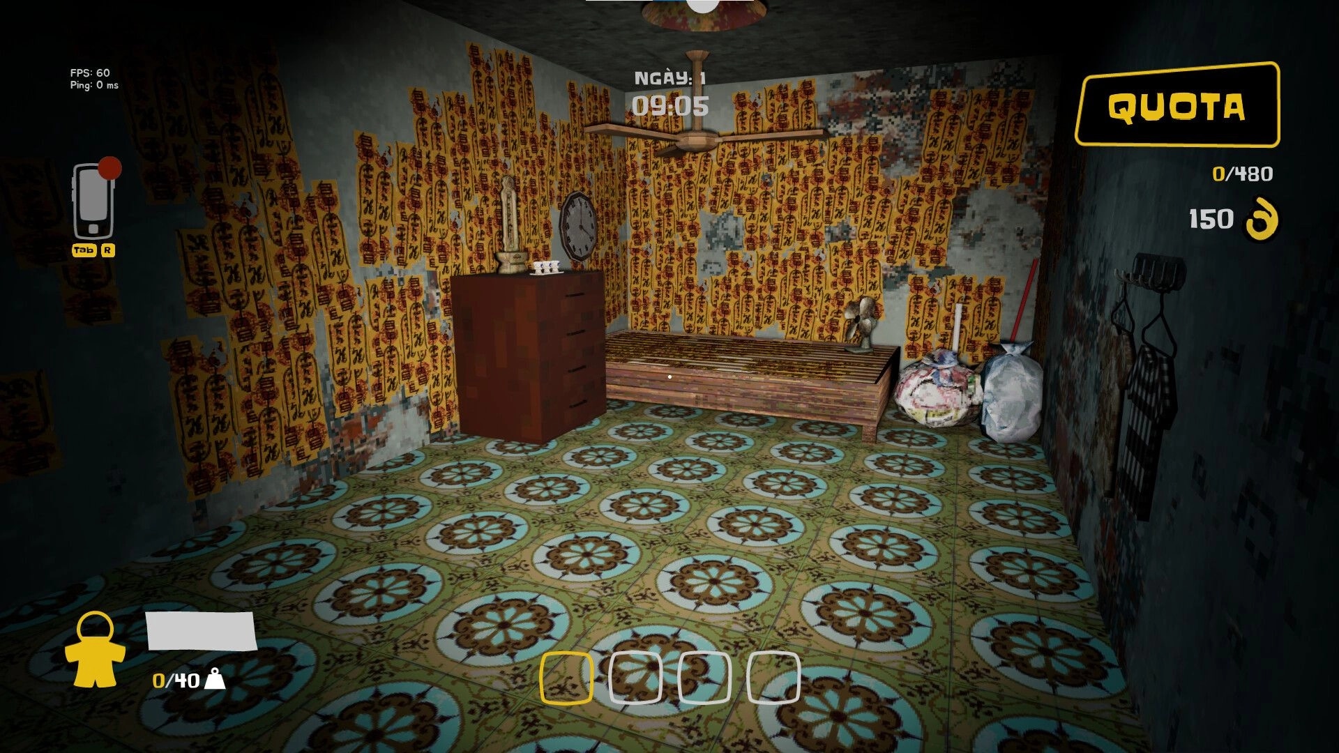 Night Shippers: Abandoned room with patterned floor, wall scrolls, fan, and quota UI in haunted setting