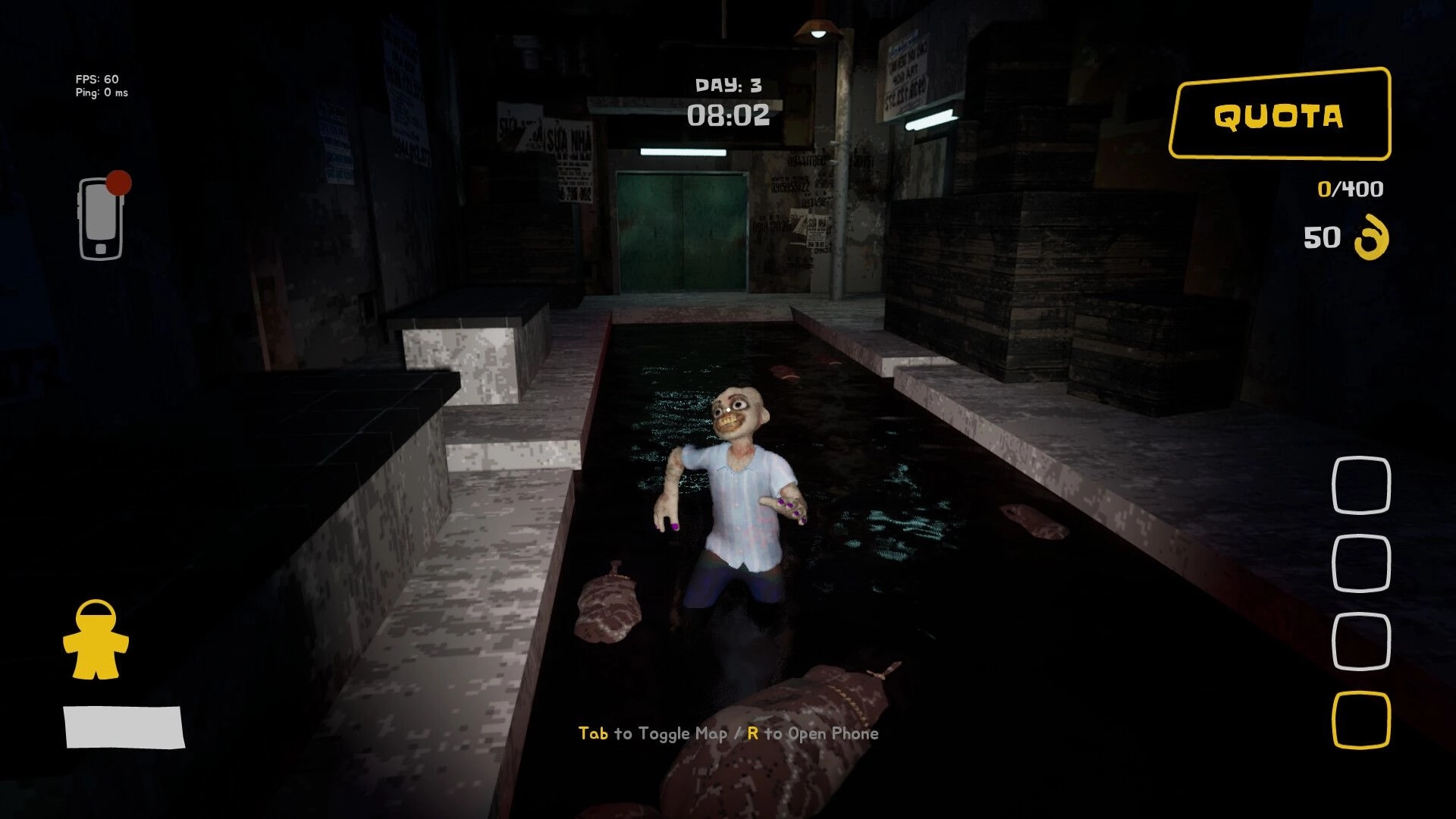 Night Shippers: Character wades through dark alley water, surrounded by floating bags, with UI indicators