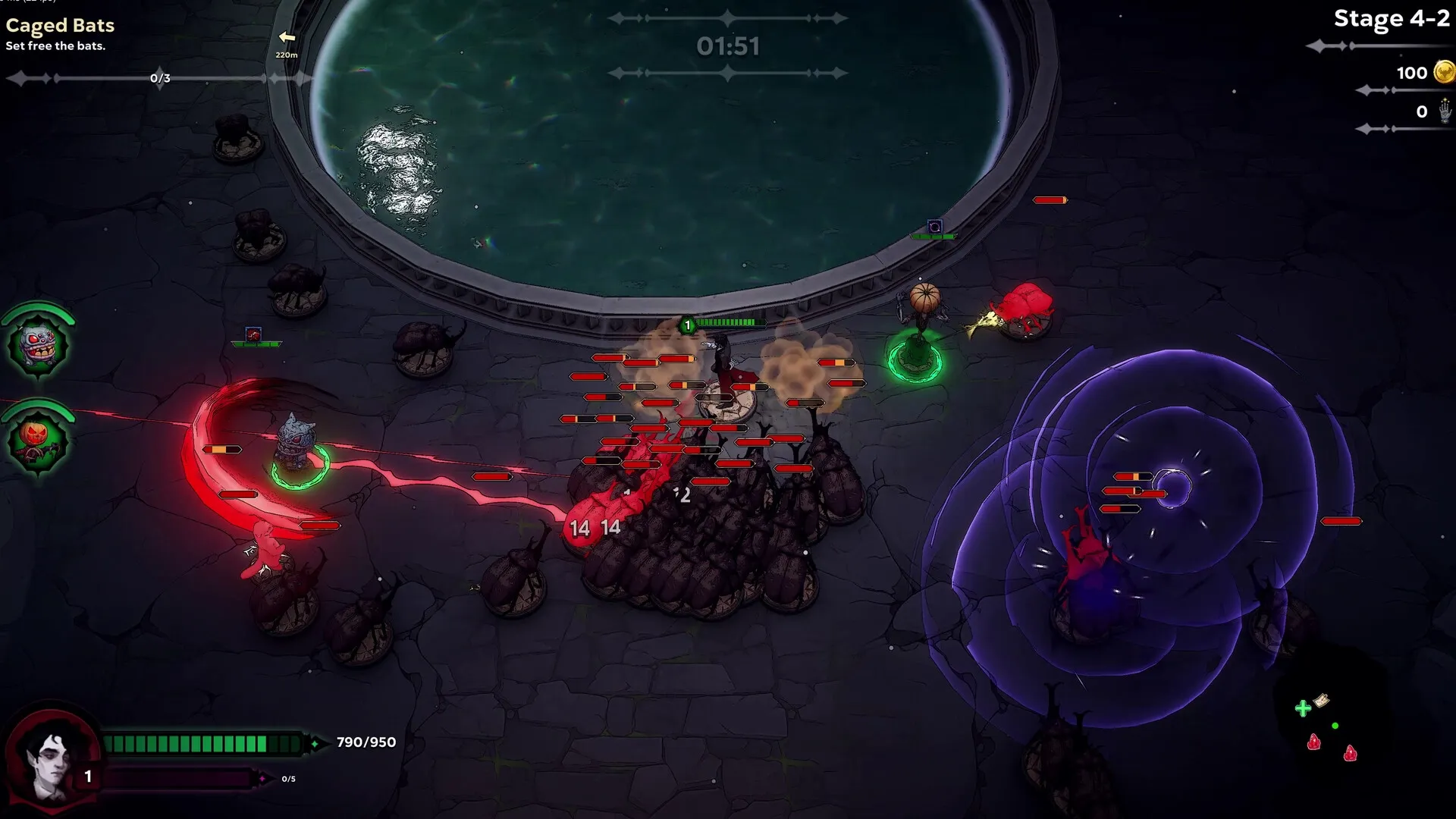 Night Swarm: Vampire hero battles werewolf horde using red energy in dark stone arena near water.