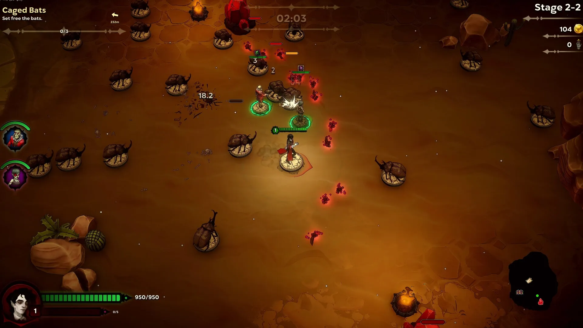 Night Swarm: Vampire character battling werewolves on desert terrain with objectives and health displayed.