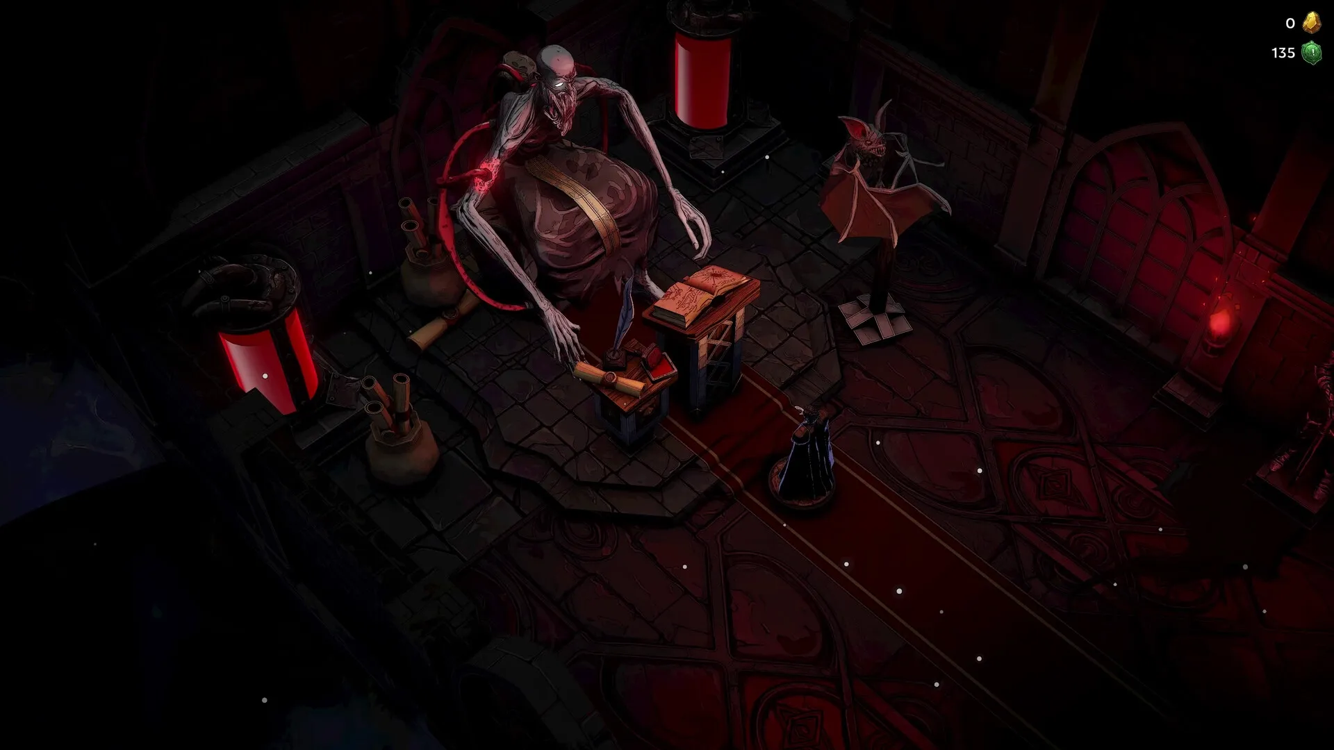 Night Swarm: Tall vampire with ancient book in dark chamber, surrounded by red-glowing artifacts.