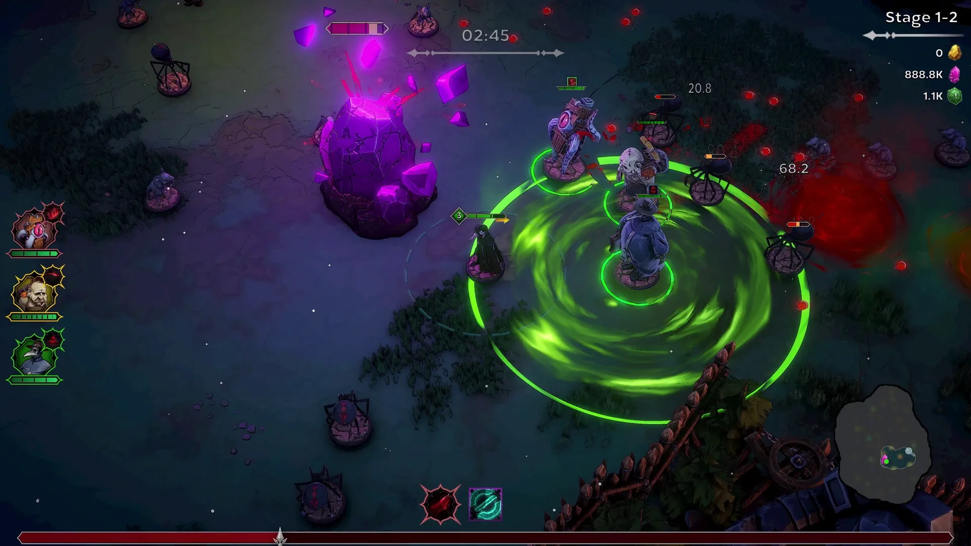Night Swarm: Vampire allies battle werewolves near a glowing crystal in a dark forest setting