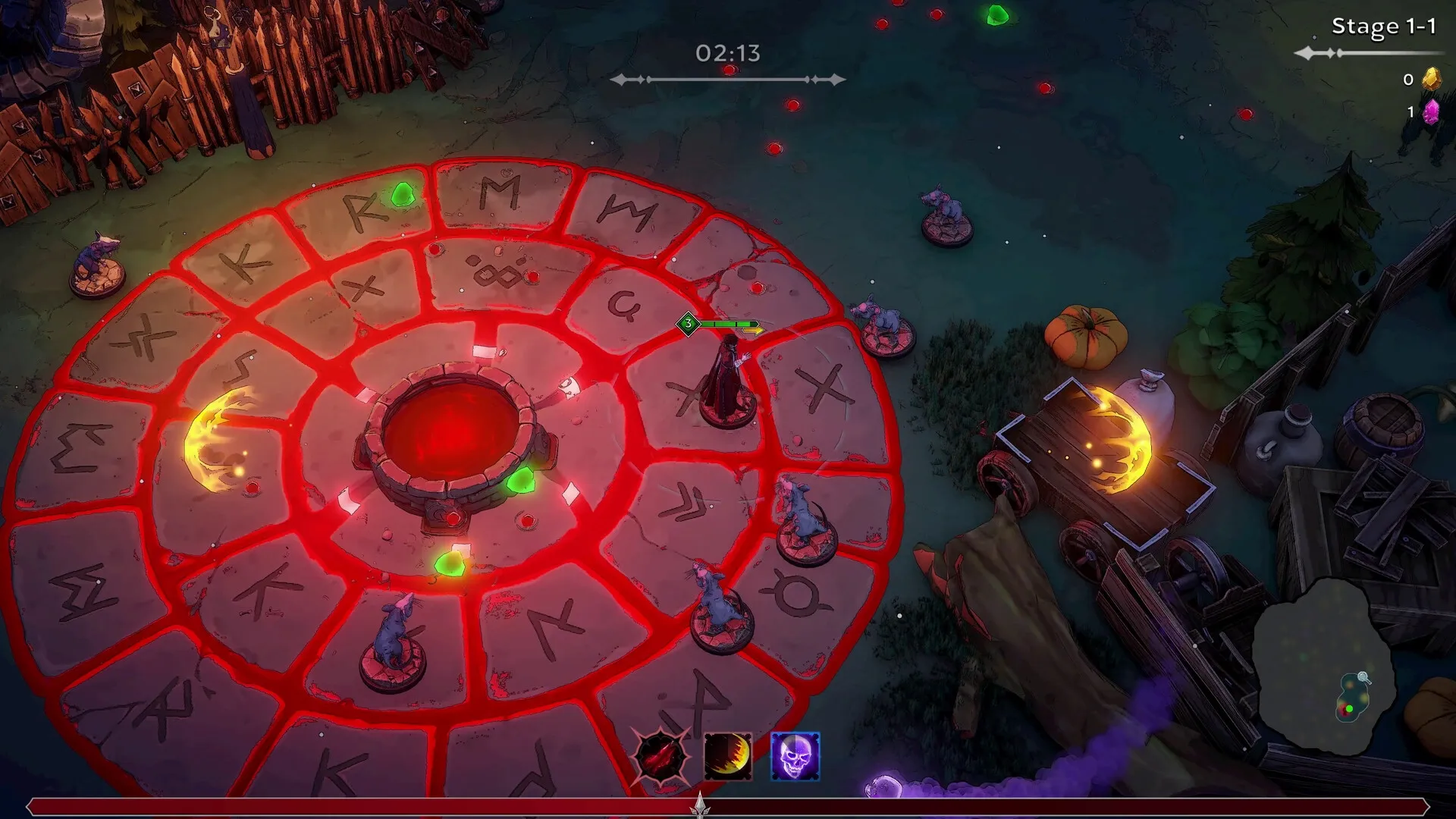 Night Swarm: Vampire character fighting werewolves on a runic circle with glowing symbols and items.