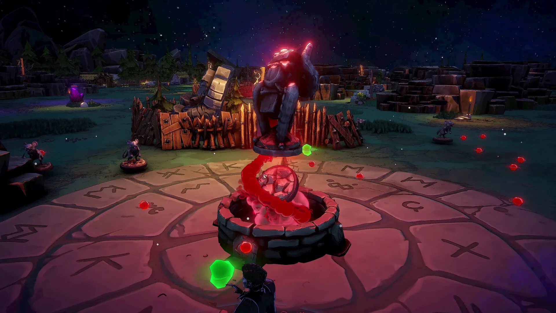 Night Swarm: Glowing red statue surrounded by runes at night, with scattered enemies approaching.