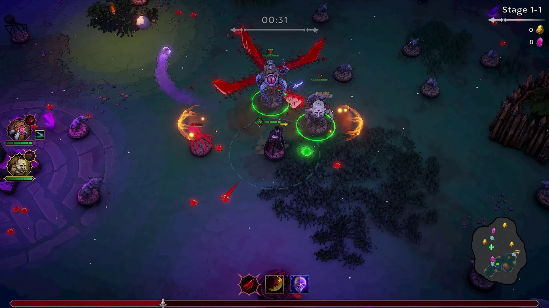 Night Swarm: Vampire character battles werewolf enemies in forest arena with health bars and timer.