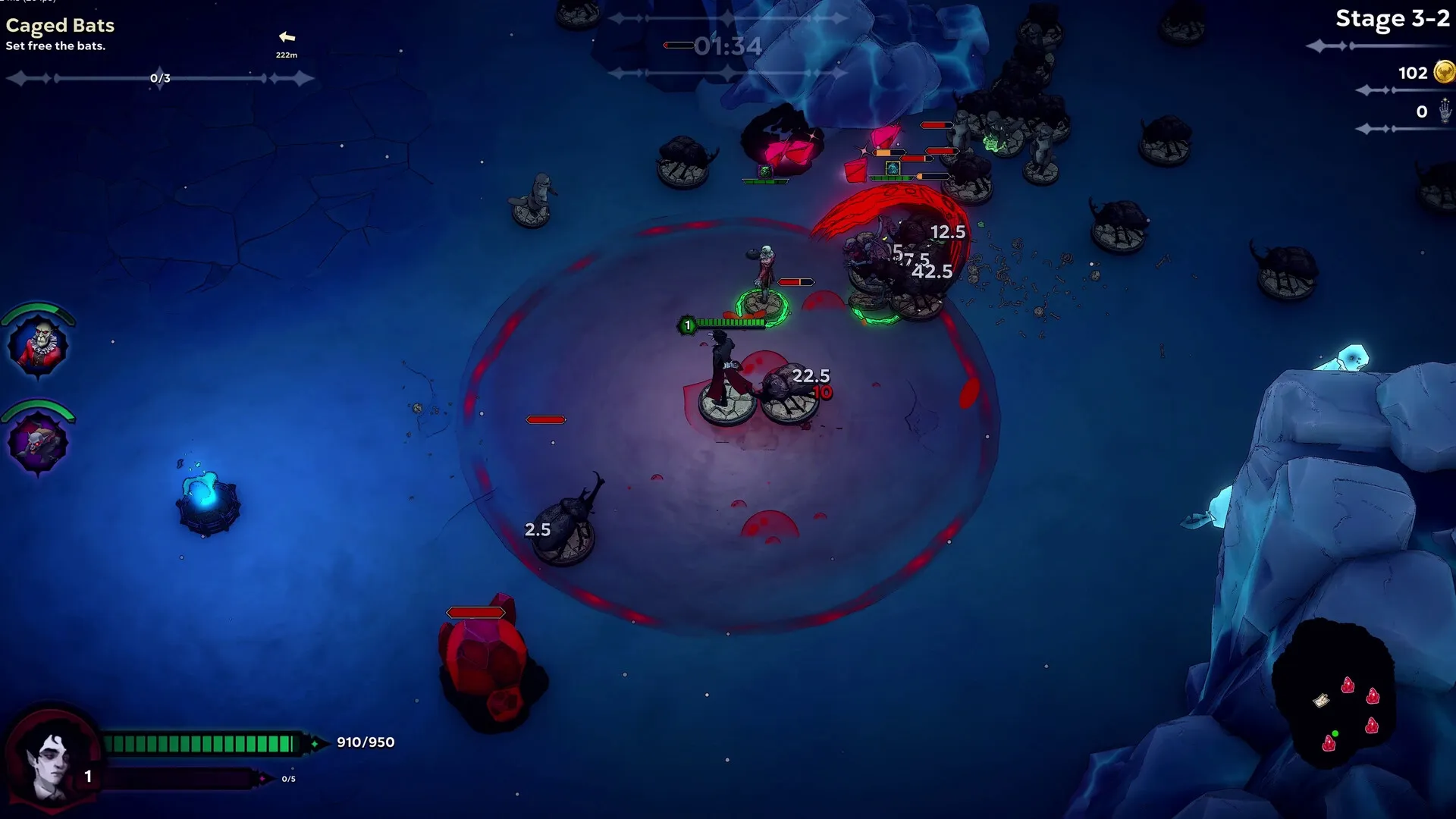 Night Swarm: Vampire battles werewolves in icy terrain, health bars and enemy stats visible on screen.