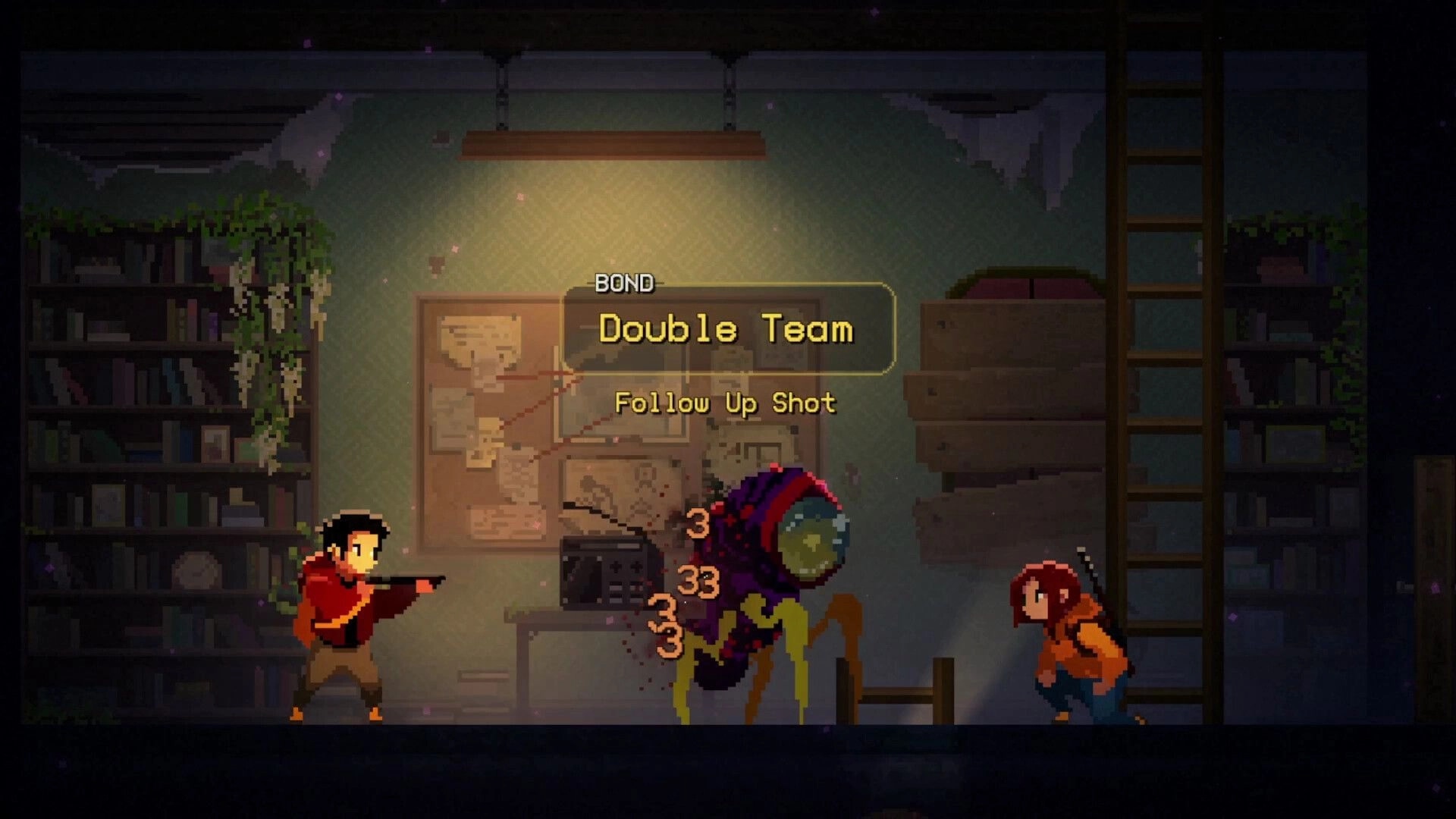 Nightbound: Bond Double Team Follow Up Shot triggers as two survivors attack a bug inside house room.
