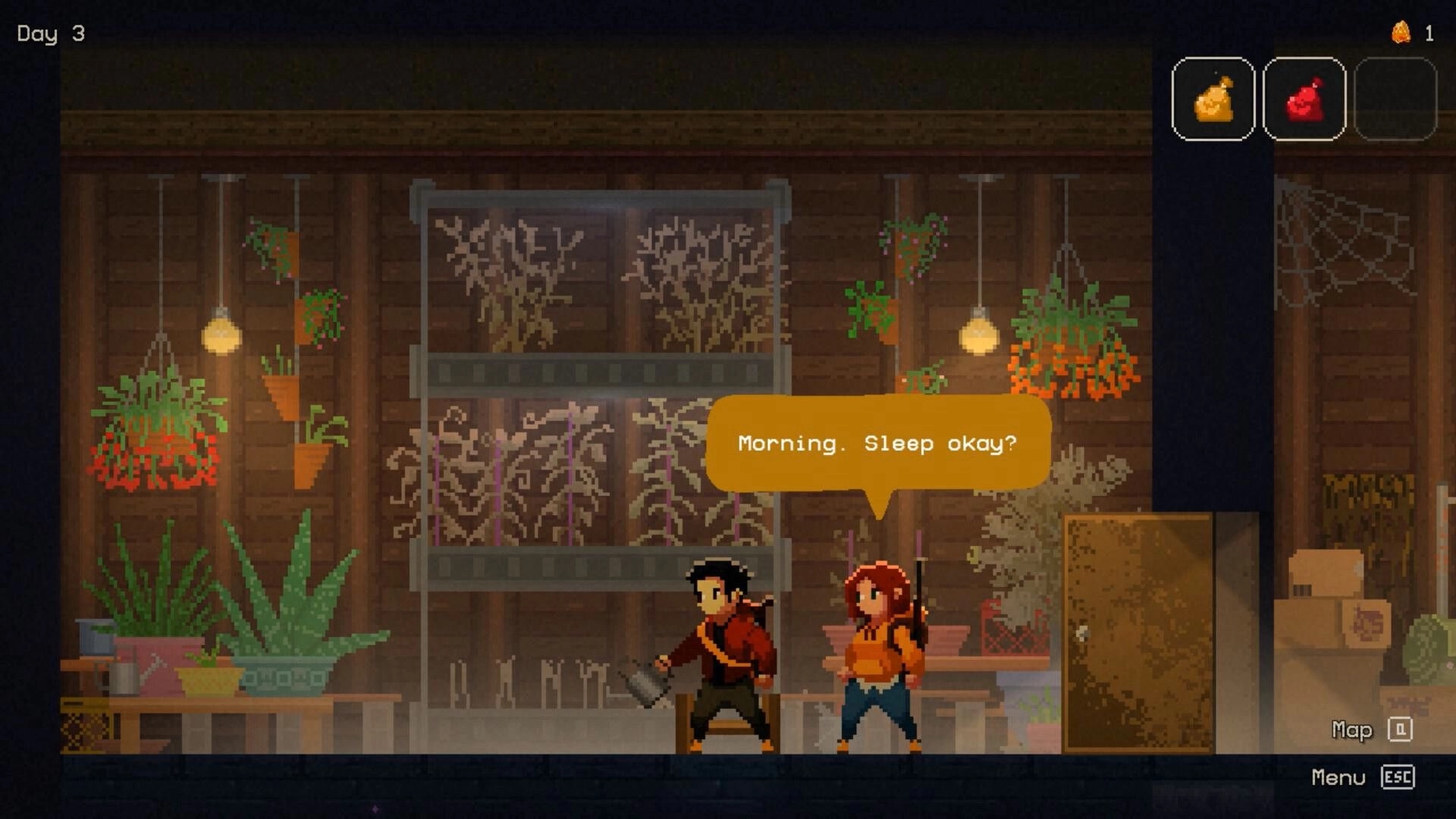 Nightbound: Two survivors talk beside plant shelves in a greenhouse room, Day 3 UI and map/menu icons.