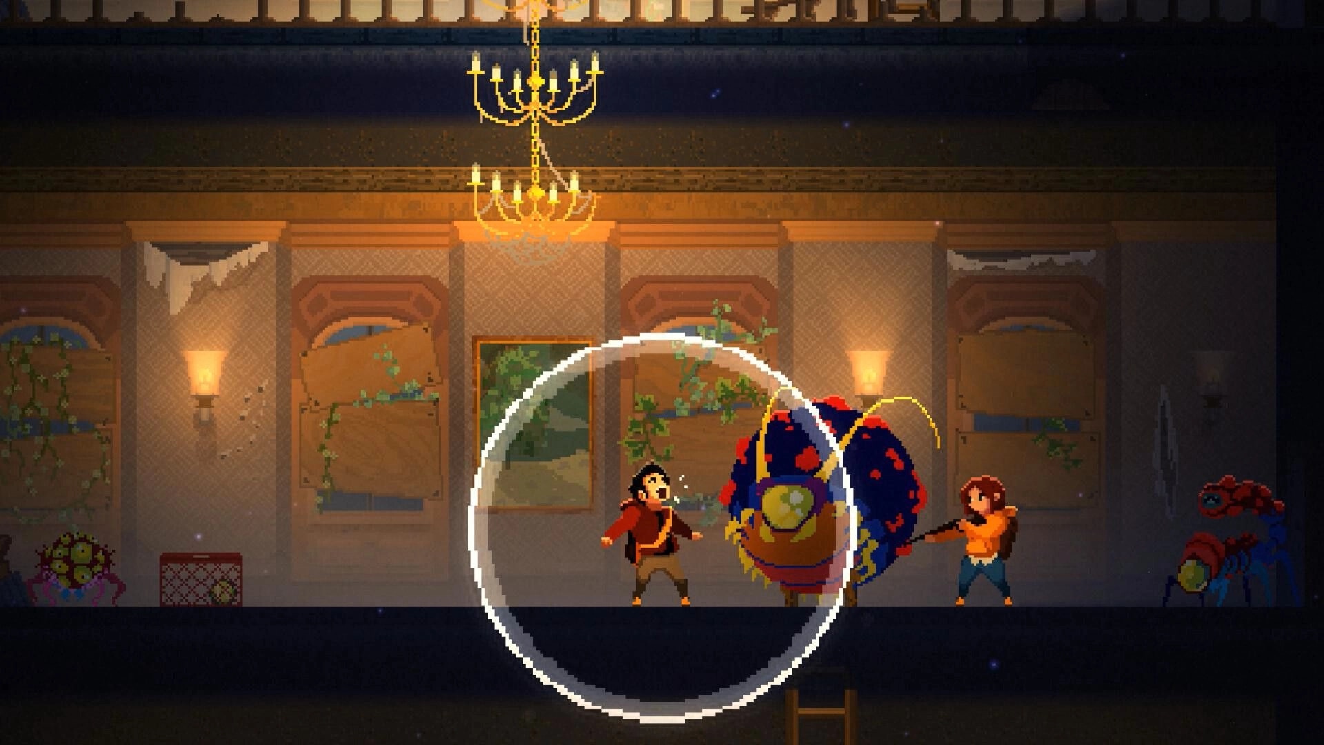 Nightbound: Two survivors fight a hulking Bloom creature in a boarded-up mansion hallway at night.