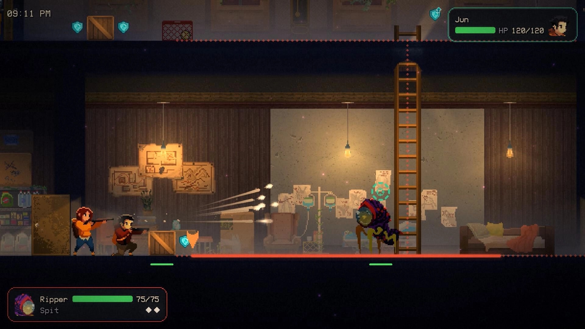 Nightbound: Jun and partner fire guns at a Ripper in a dim basement room with HP bars visible.