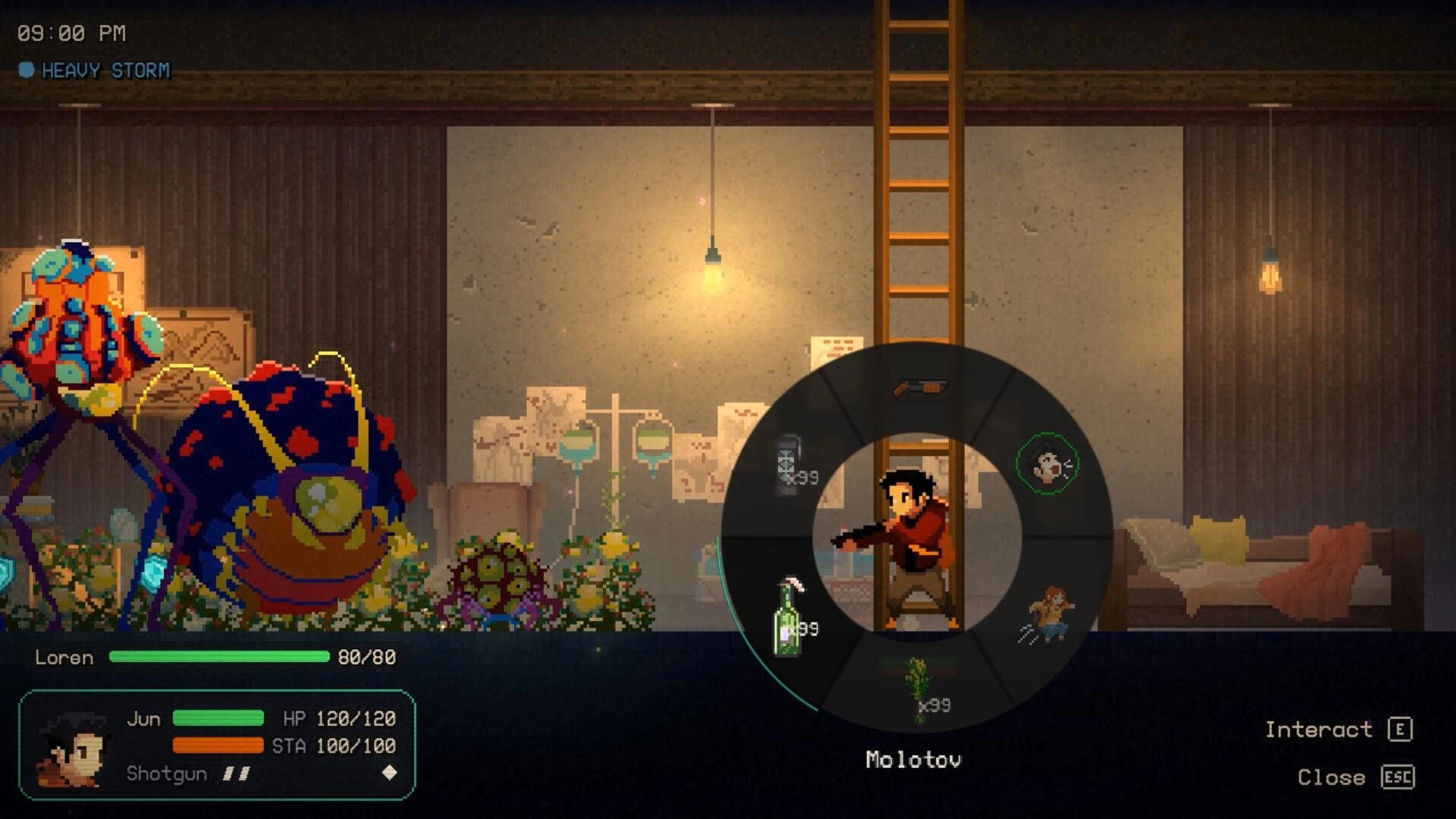 Nightbound: Jun aims shotgun as item wheel selects Molotov inside a house during heavy storm night.