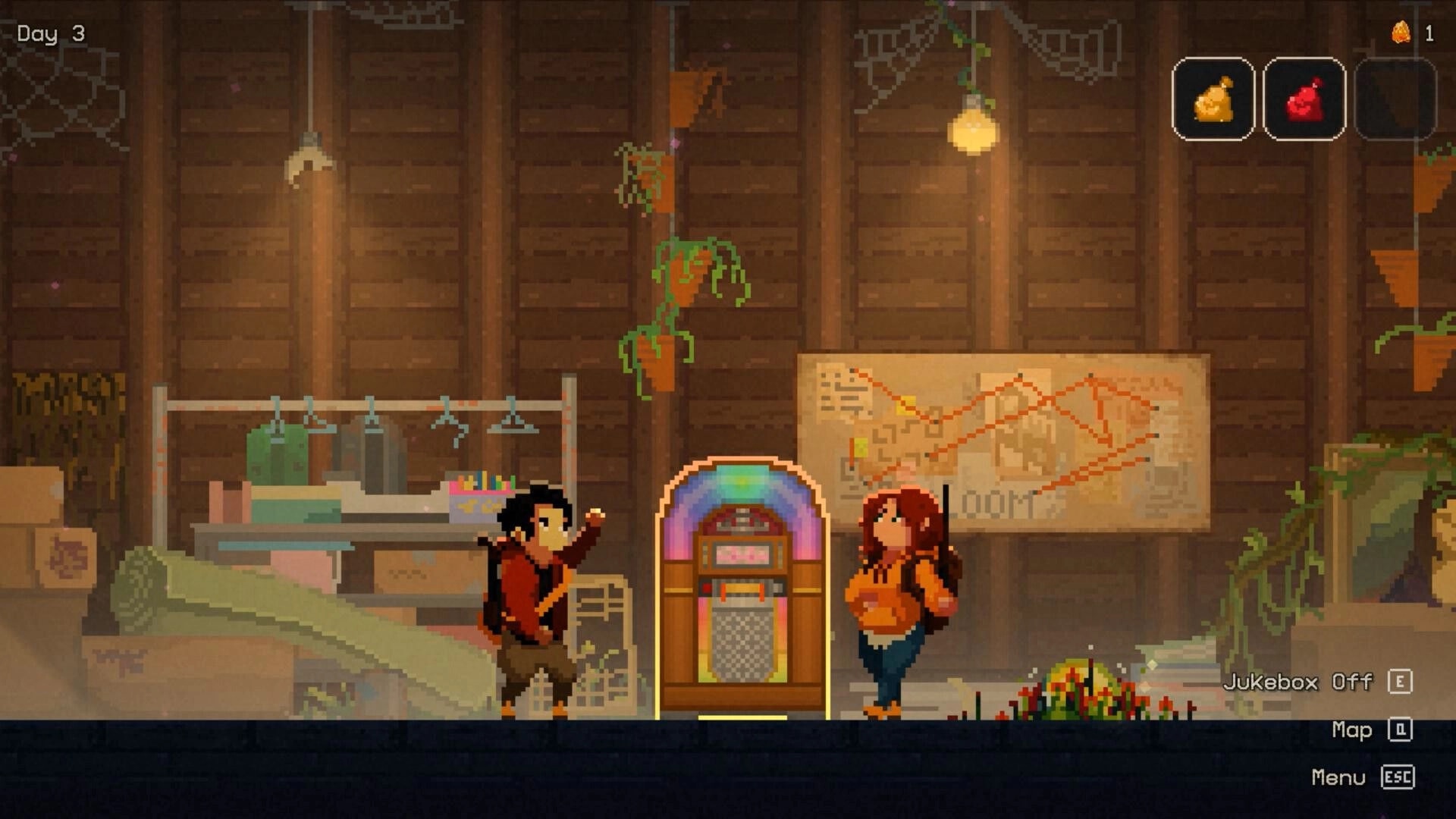 Nightbound: Two survivors stand by a jukebox in a wooden safehouse with Day 3 HUD and map prompt.