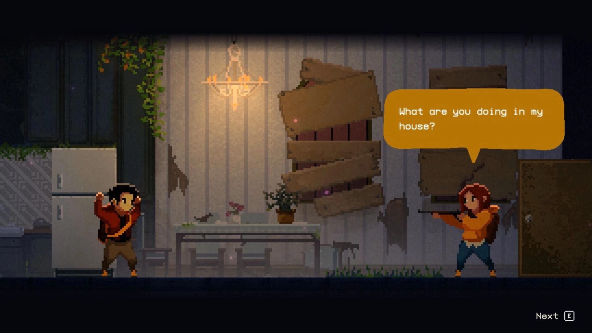 Nightbound: Armed woman confronts a man with raised hands in a boarded-up house dialogue scene.