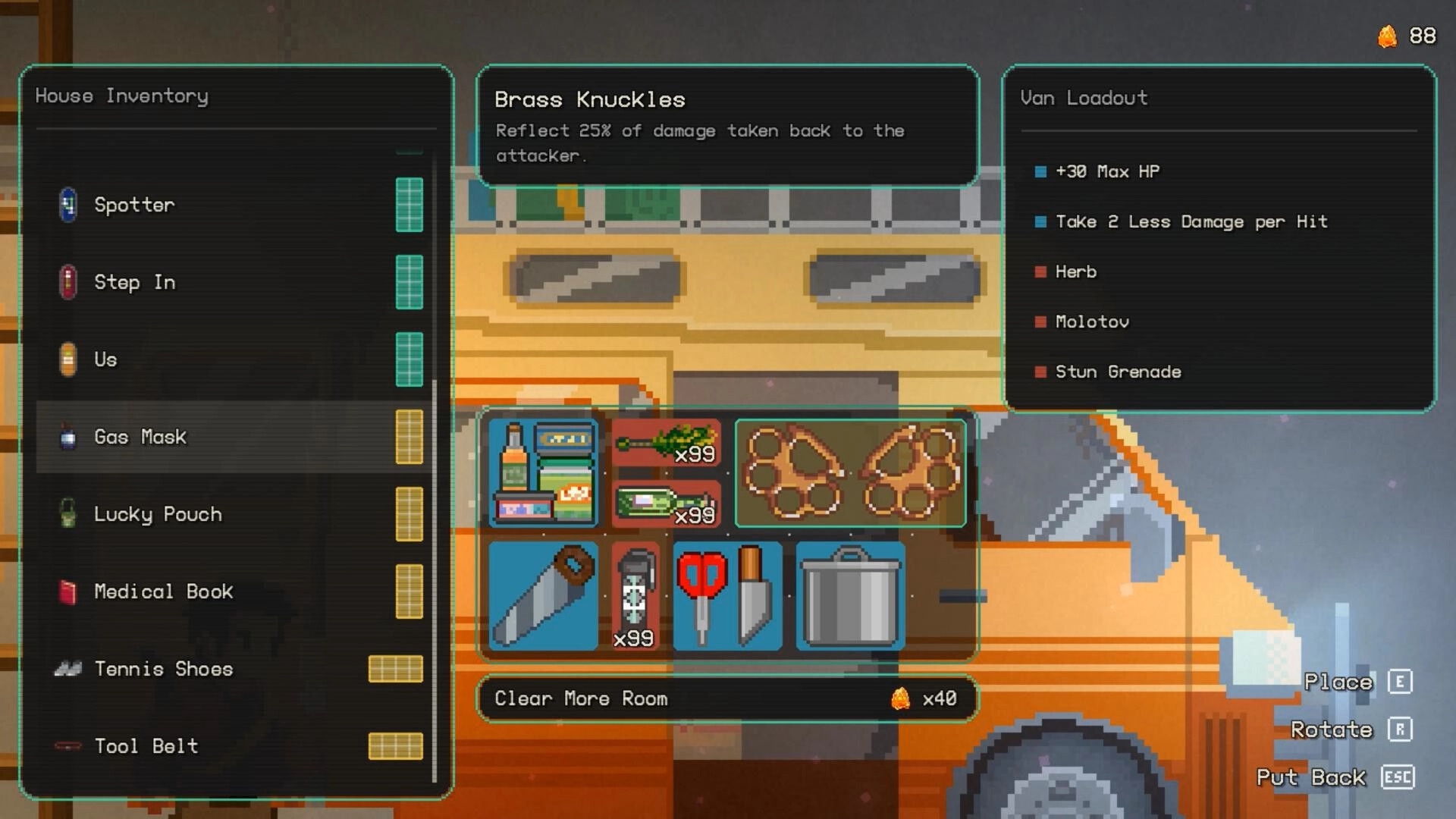Nightbound: House inventory and van loadout UI with Brass Knuckles tooltip over pixel van interior.