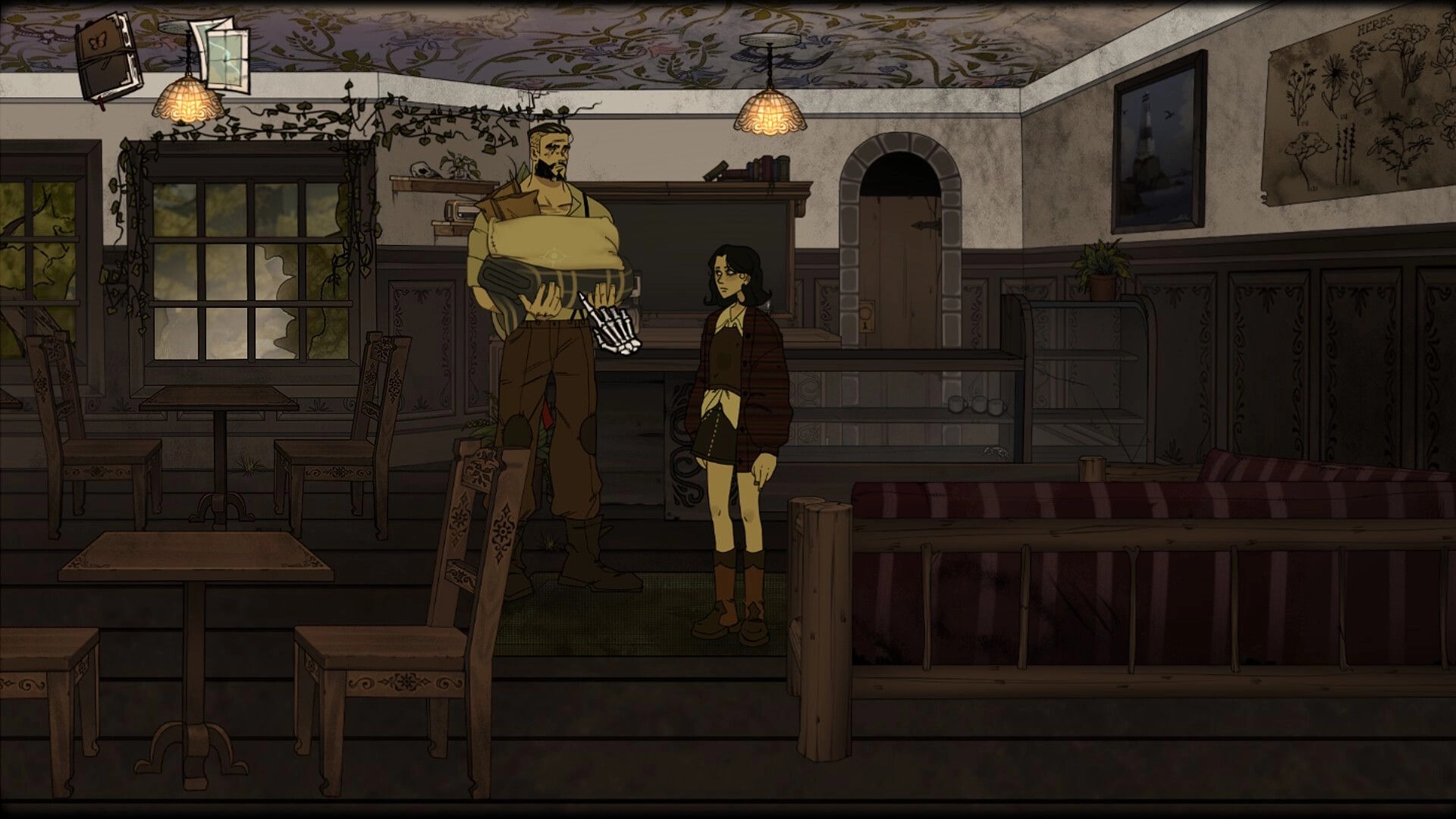 Nightfall Cafe: Ana converses with a tall man holding a sack in a rustic, plant-adorned cafe interior.