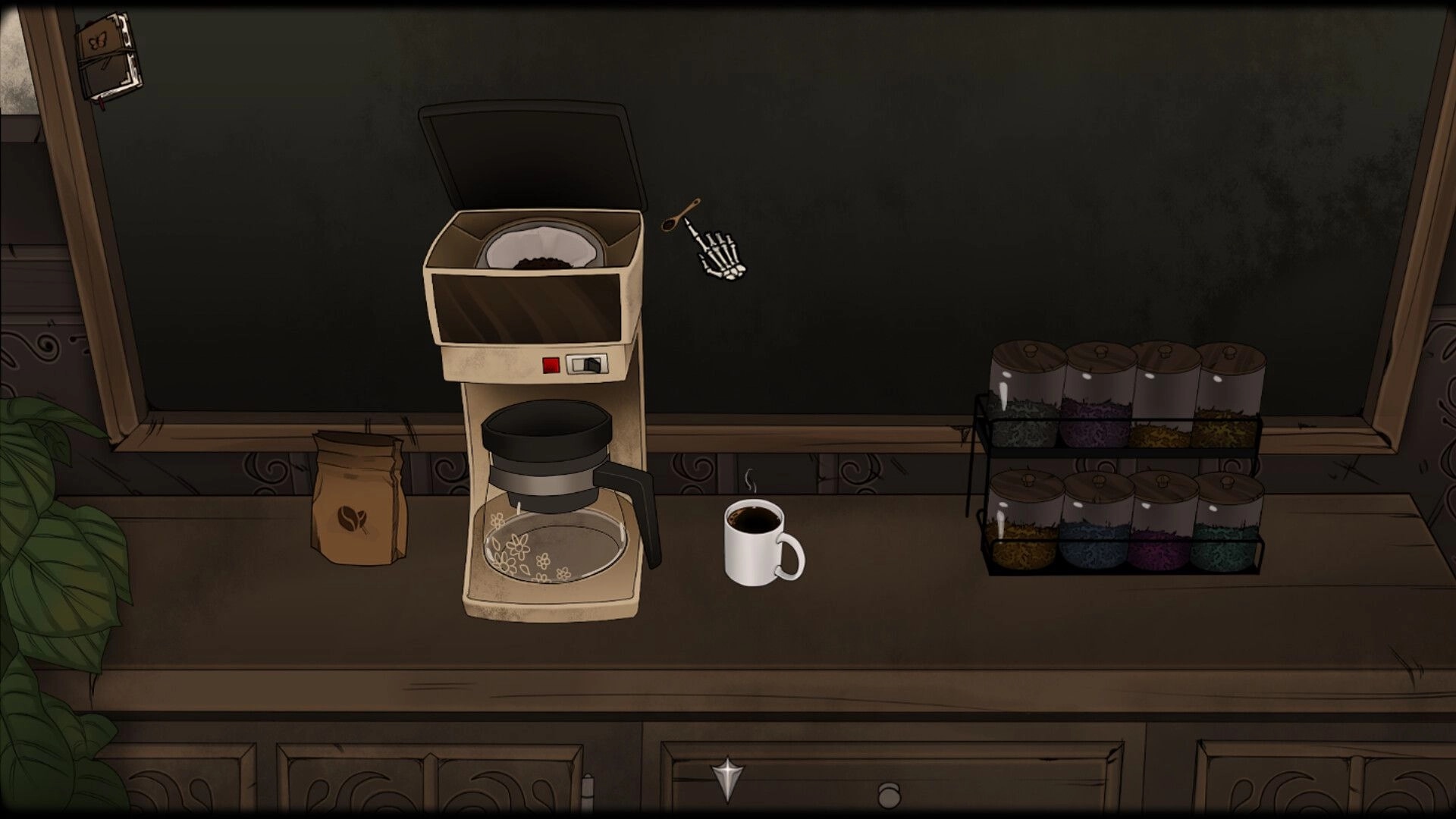 Nightfall Cafe: Coffee brewing station with jars of herbs on a wooden counter in a dimly lit room.