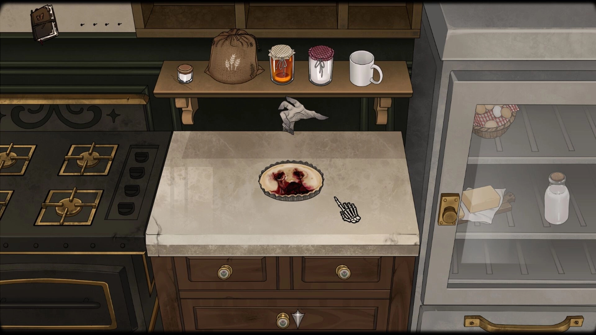 Nightfall Cafe: Skeleton cursor hovers over eerie pie on kitchen counter with jars and a spooky hand