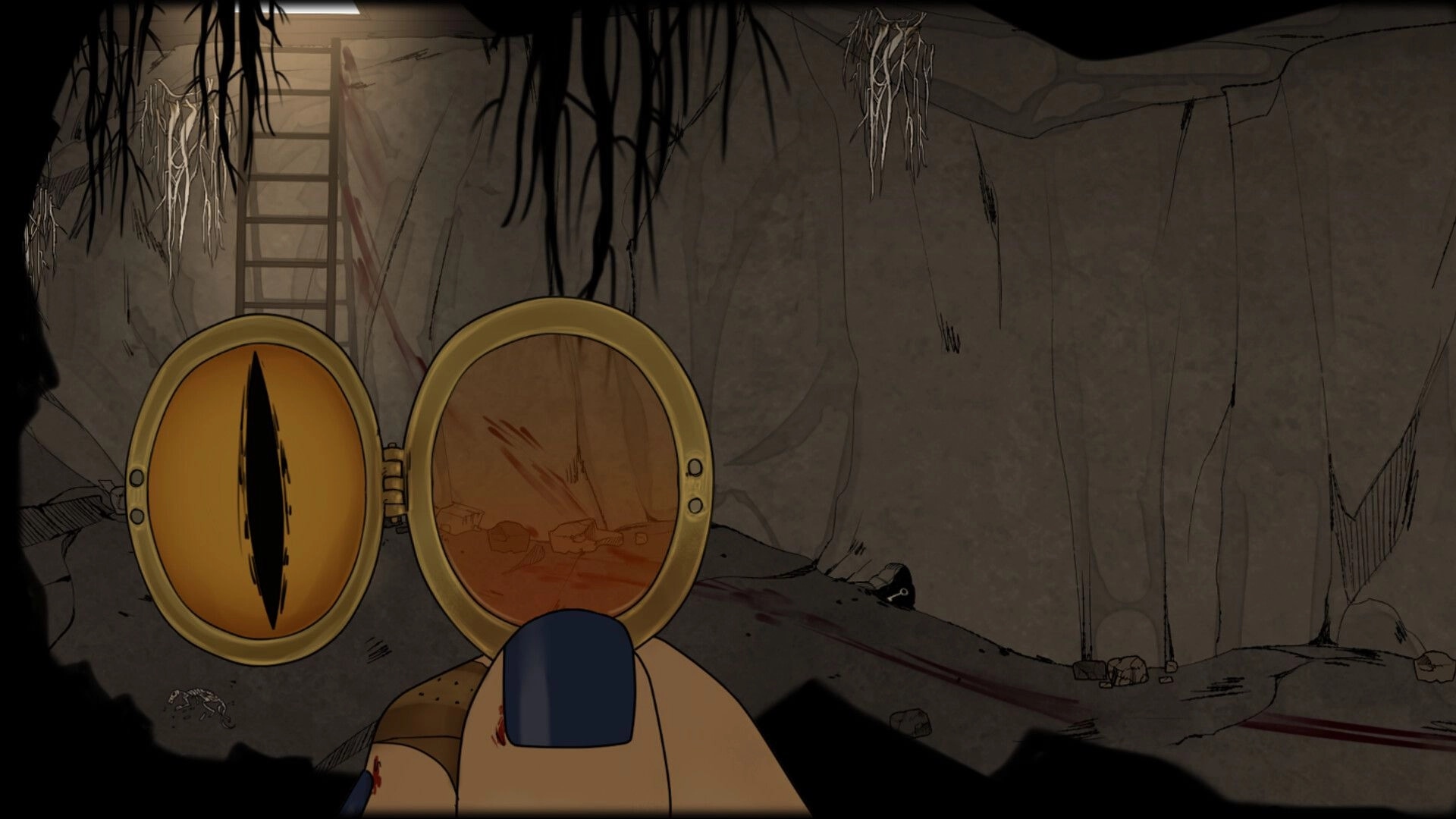 Nightfall Cafe: Ana uses a cryptid eye device in a dim cave with a ladder and eerie roots hanging down.