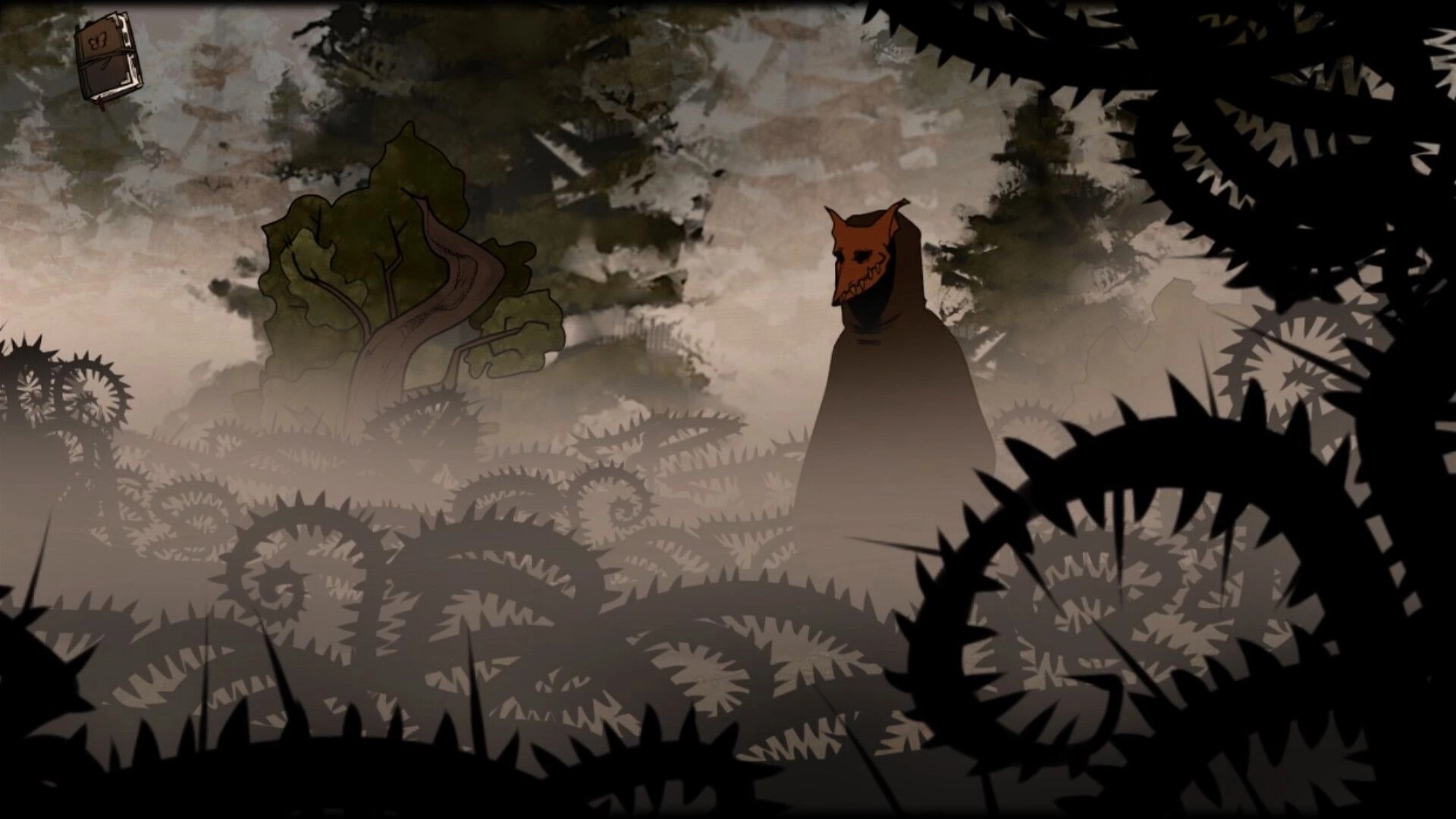 Nightfall Cafe: Hooded figure in misty forest clearing surrounded by thorny vines and floating notebook