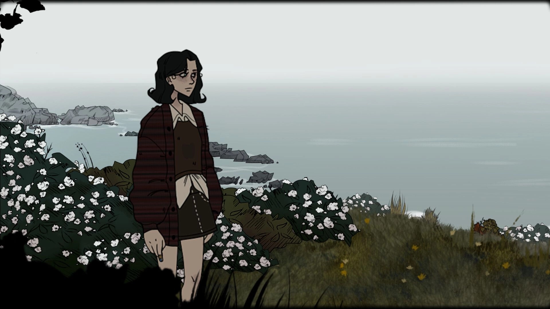 Nightfall Cafe: Ana stands by a misty cliffside, surrounded by wildflowers and overlooking the ocean.