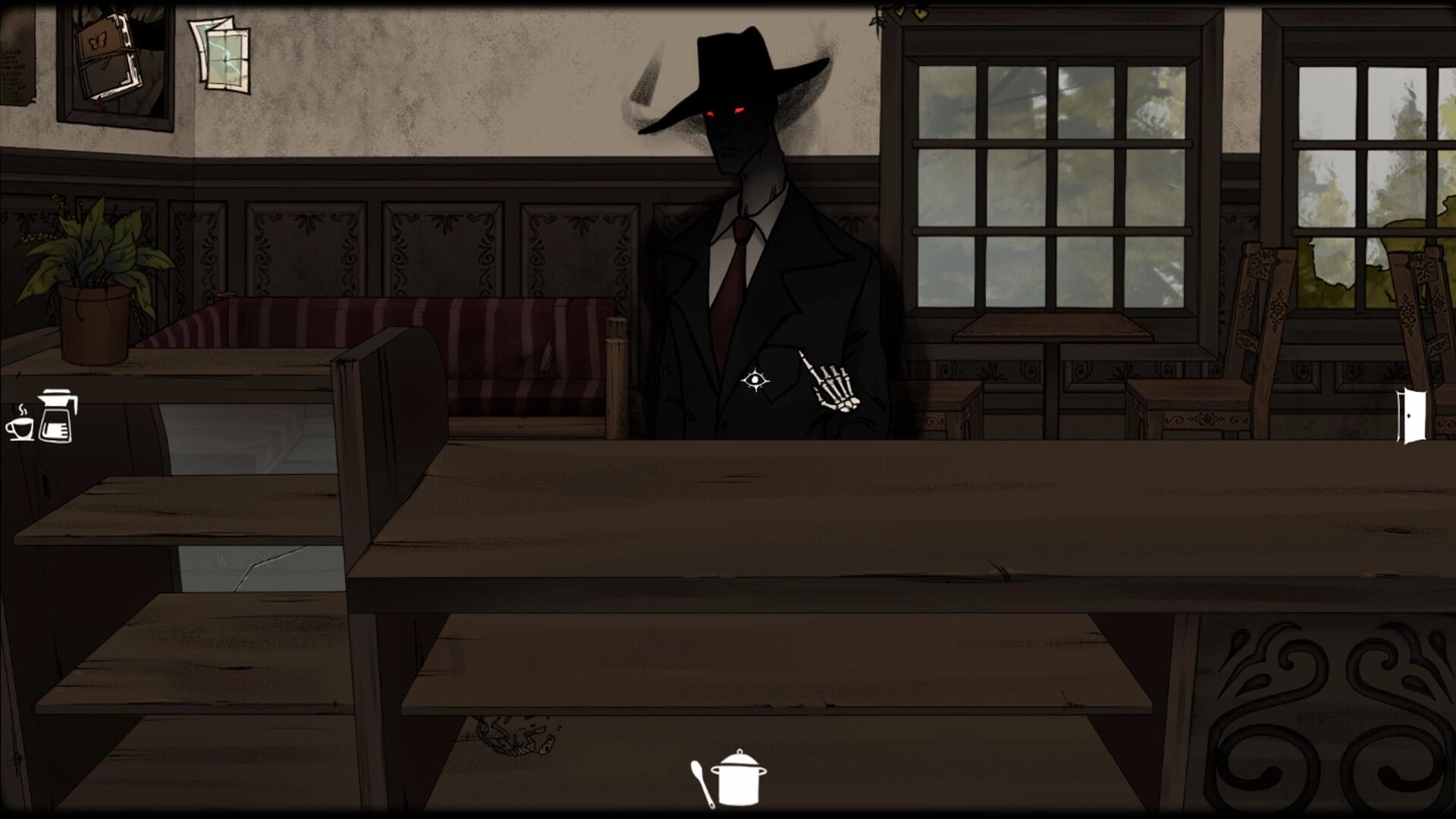 Nightfall Cafe: Ana encounters shadowy figure in dimly lit cafe with cooking and map icons displayed