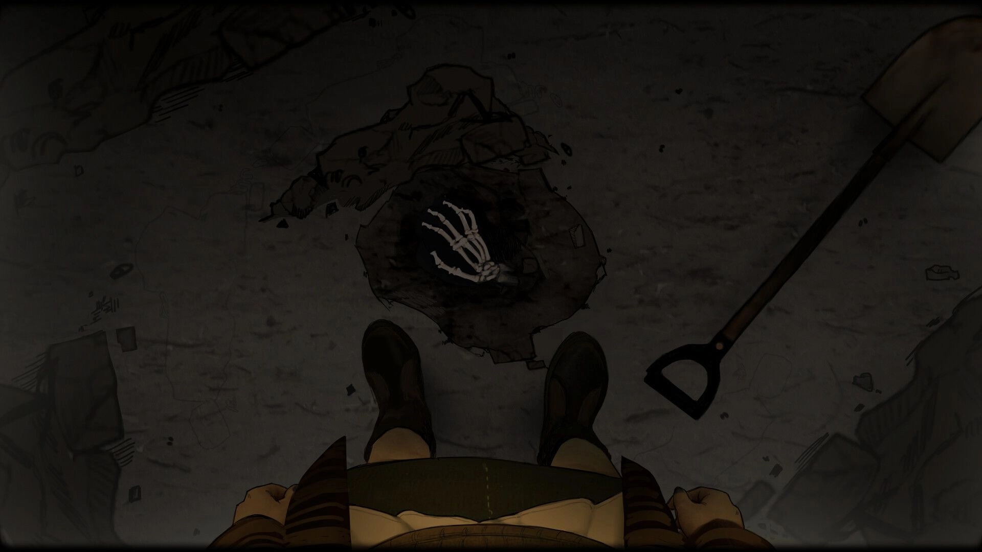 Nightfall Cafe: Ana discovers a skeletal hand in a forest clearing next to a shovel in dim moonlight.