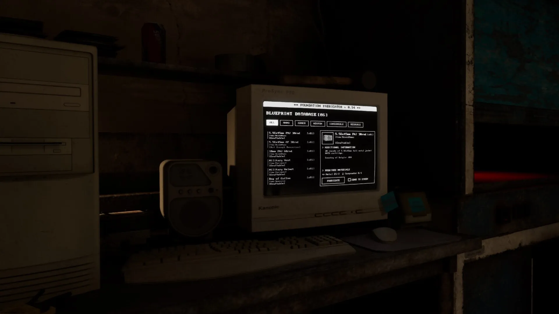 Nightfall Protocol: Blueprint database displayed on an old computer in a dimly lit workshop environment