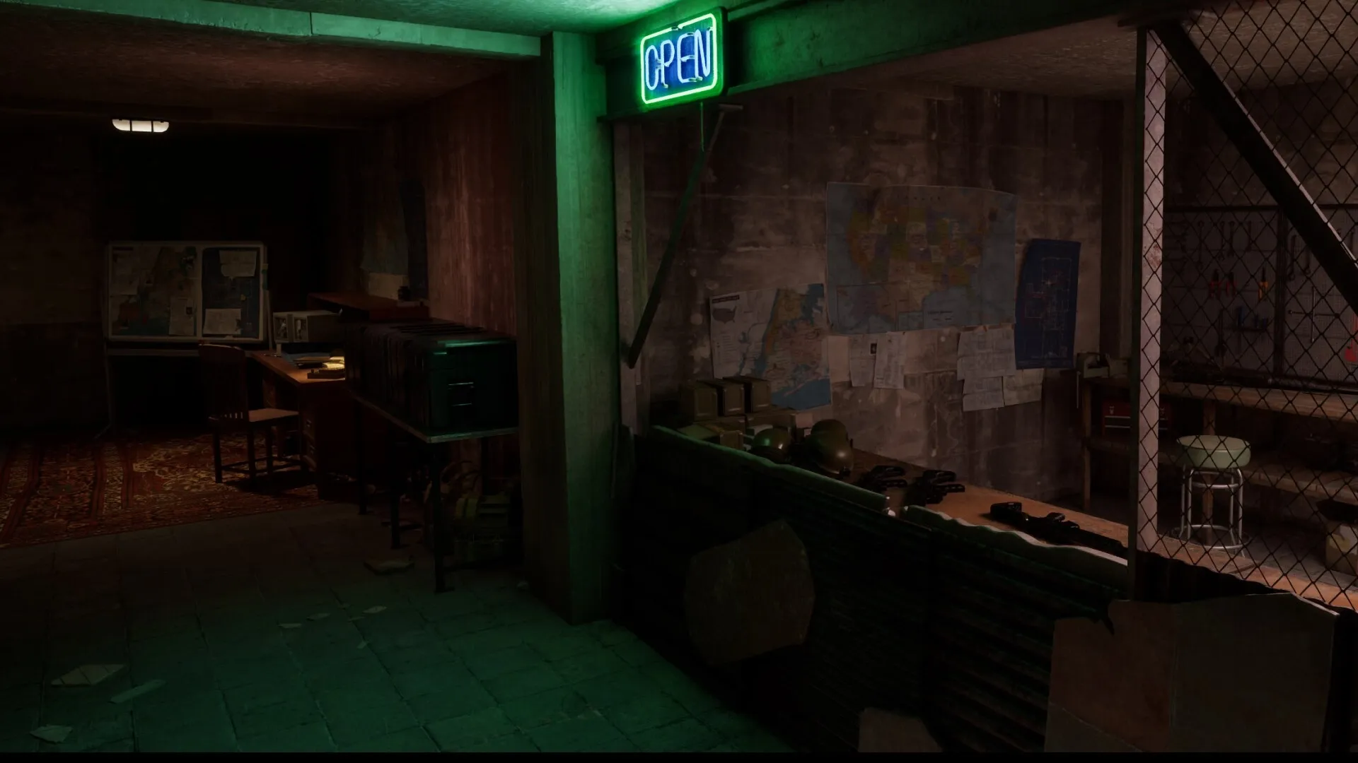 Nightfall Protocol: Dimly lit underground bunker with maps on walls, weapons, and a glowing "OPEN" sign