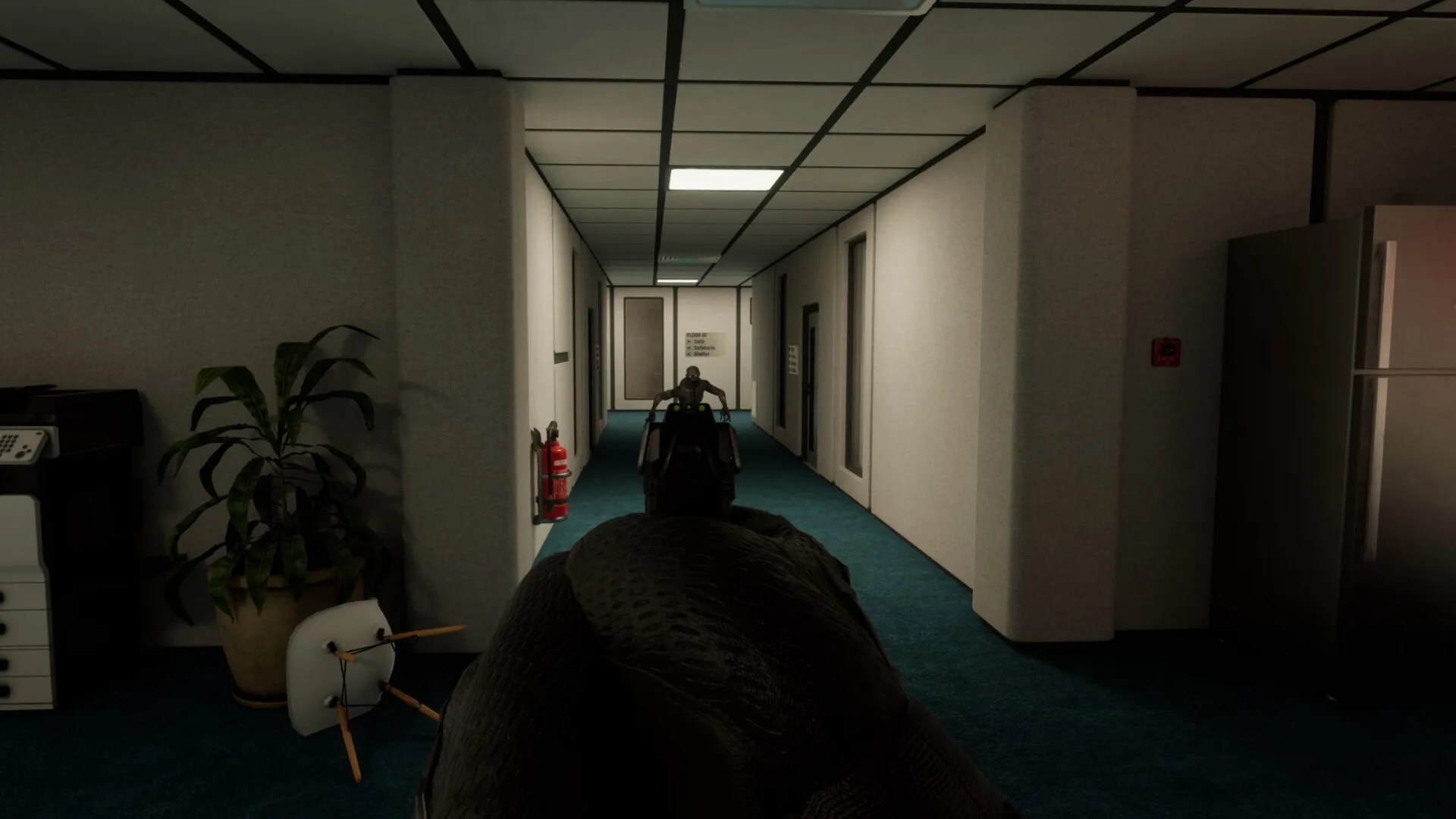 Nightfall Protocol: Player aiming at an enemy down a dim office corridor with scattered debris