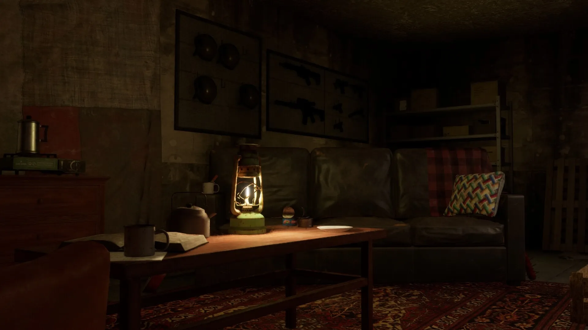 Nightfall Protocol: Cozy hideout with lit lantern, weapons wall, and rustic furniture in dim light
