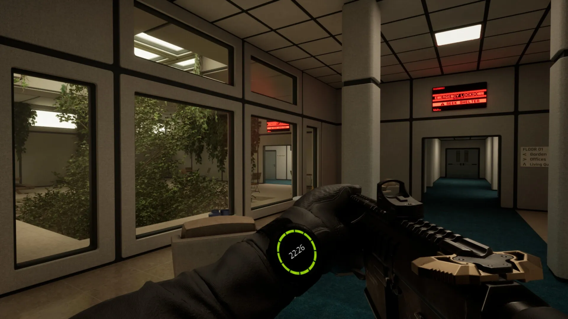 Nightfall Protocol: First-person view exploring facility hallway with emergency lockdown alert on display